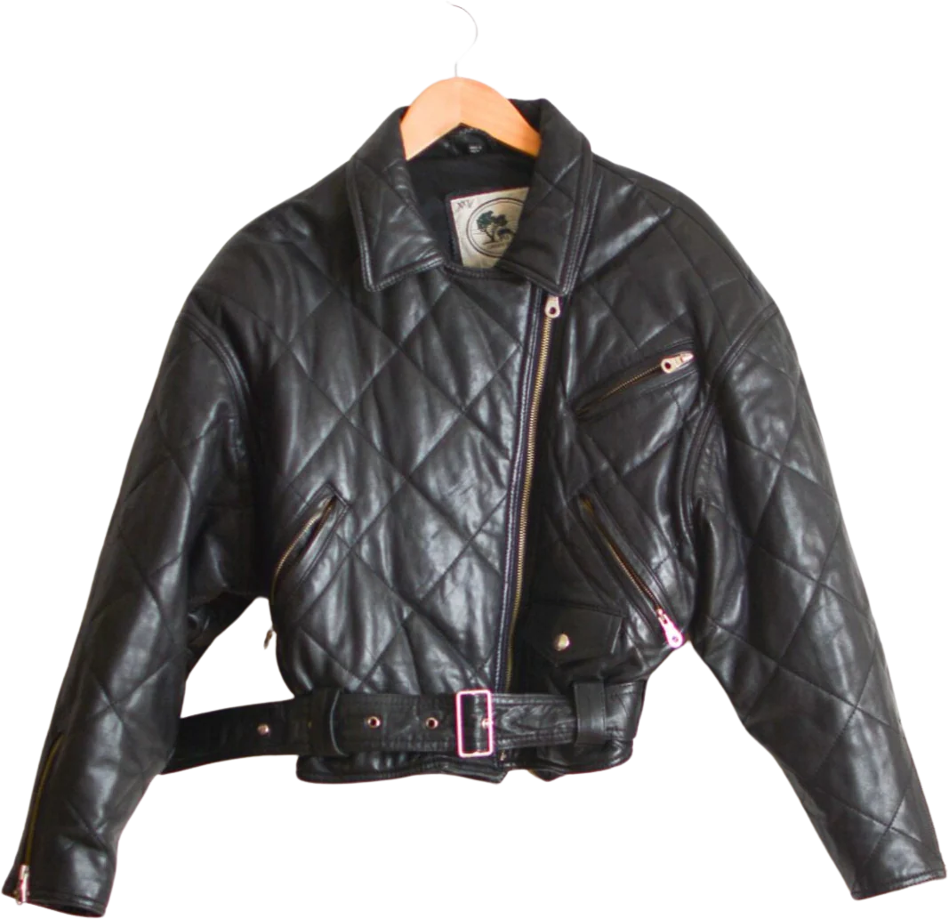 Vintage Moto Leather Jacket Size Small Quilted Black Zippered Down by Green Fields