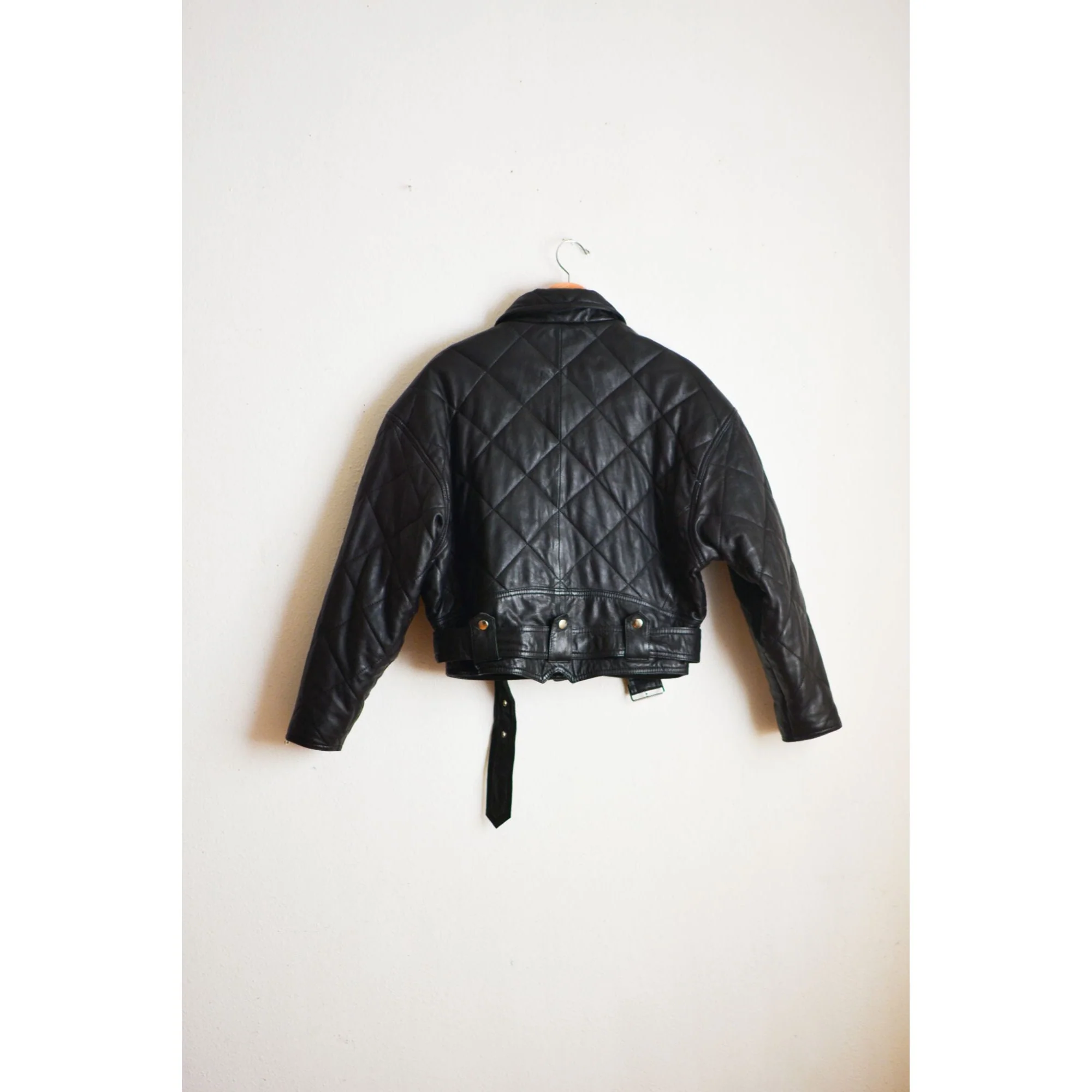 Vintage Moto Leather Jacket Size Small Quilted Black Zippered Down by Green Fields - Image 2