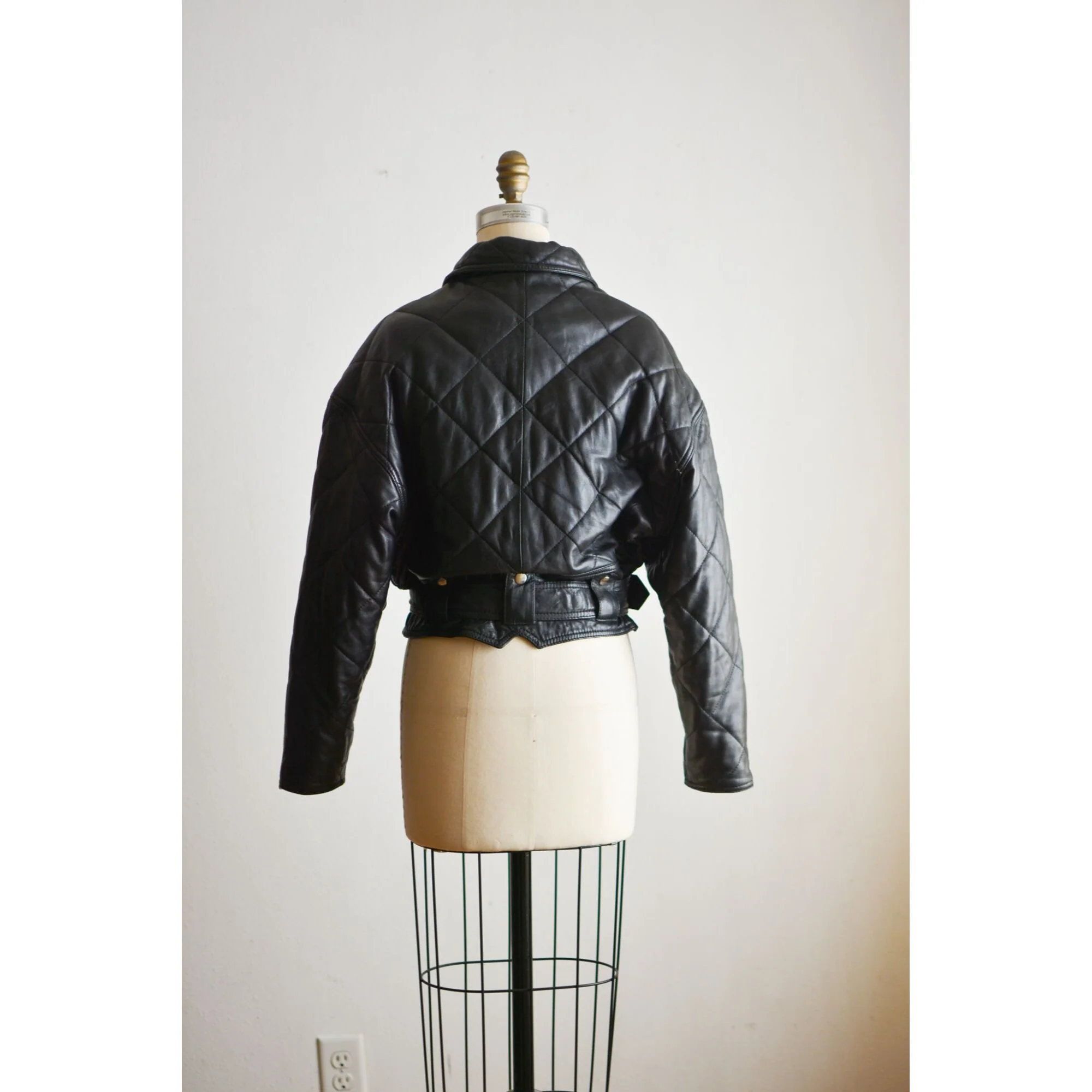 Vintage Moto Leather Jacket Size Small Quilted Black Zippered Down by Green Fields - Image 8