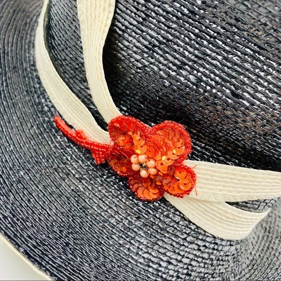 Vintage Mr Phil Straw Fedora Black Ivory Embellished - Image 2