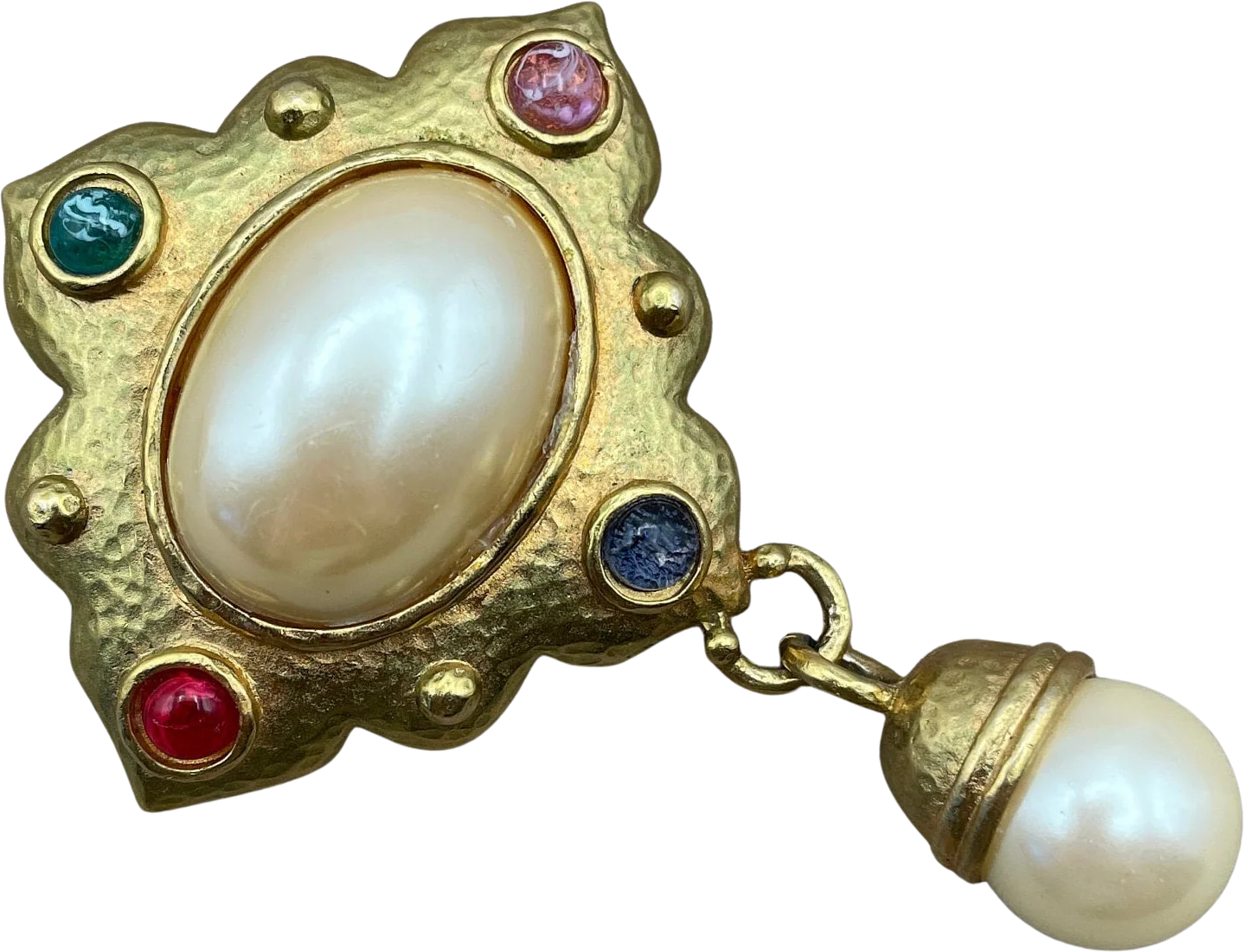 Vintage Mughal Baroque Pearl Cabochon Ruby Jade Sapphire Amethyst Brooch Pin