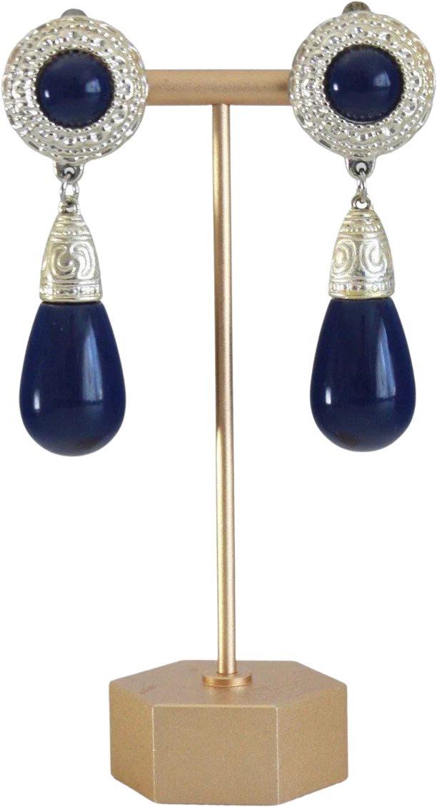 Vintage Navy Blue and Gold Teardrop Dangle Earrings