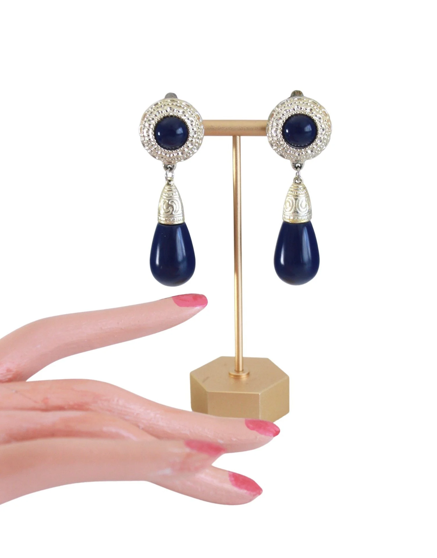 Vintage Navy Blue and Gold Teardrop Dangle Earrings - Image 2