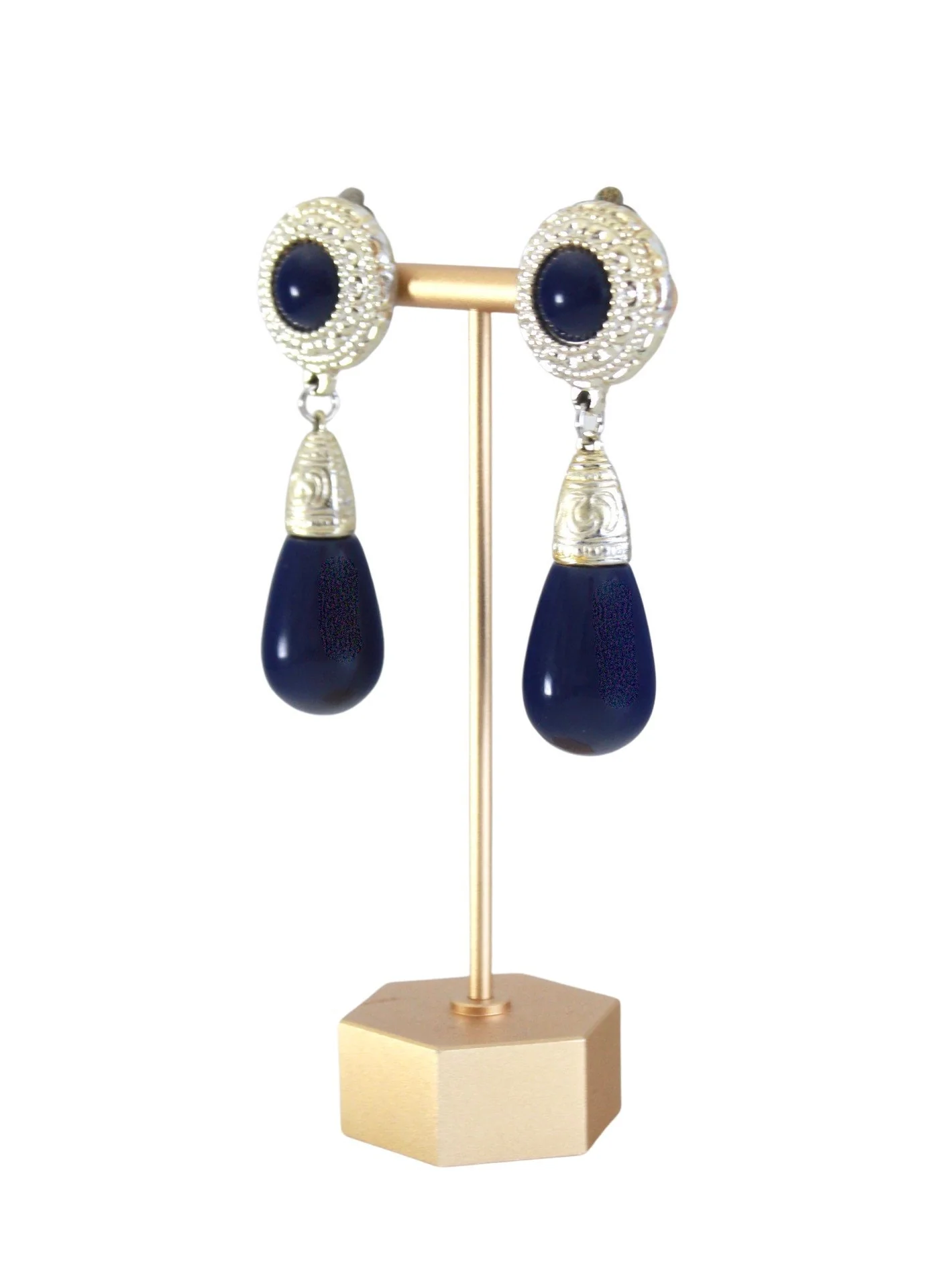 Vintage Navy Blue and Gold Teardrop Dangle Earrings - Image 3