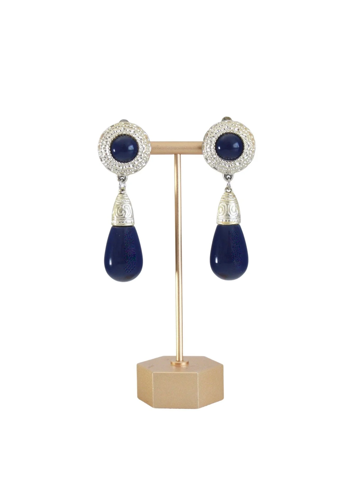 Vintage Navy Blue and Gold Teardrop Dangle Earrings - Image 4