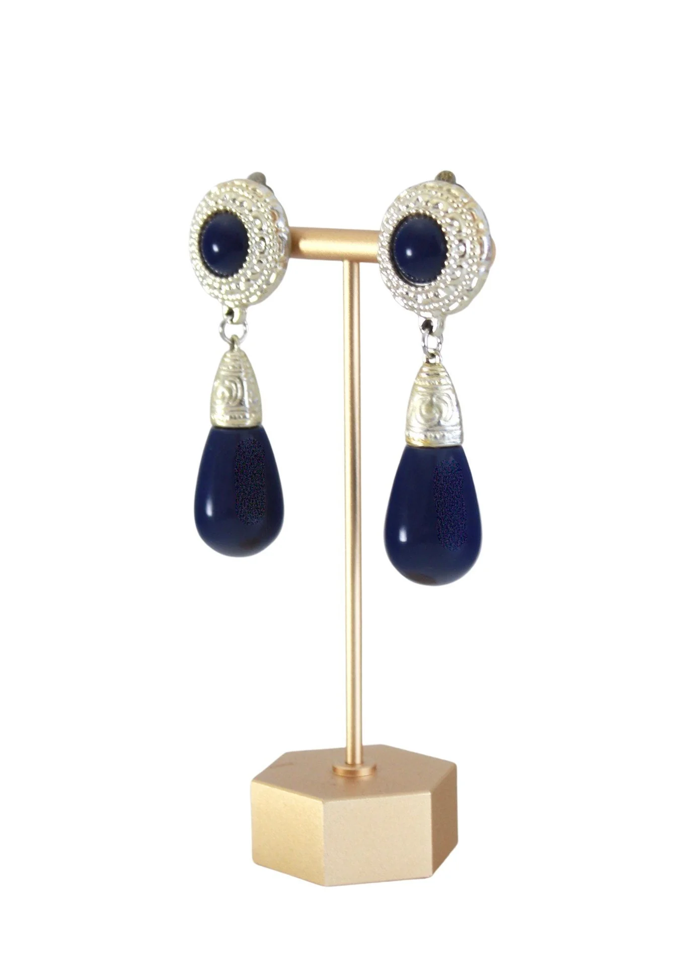 Vintage Navy Blue and Gold Teardrop Dangle Earrings - Image 6