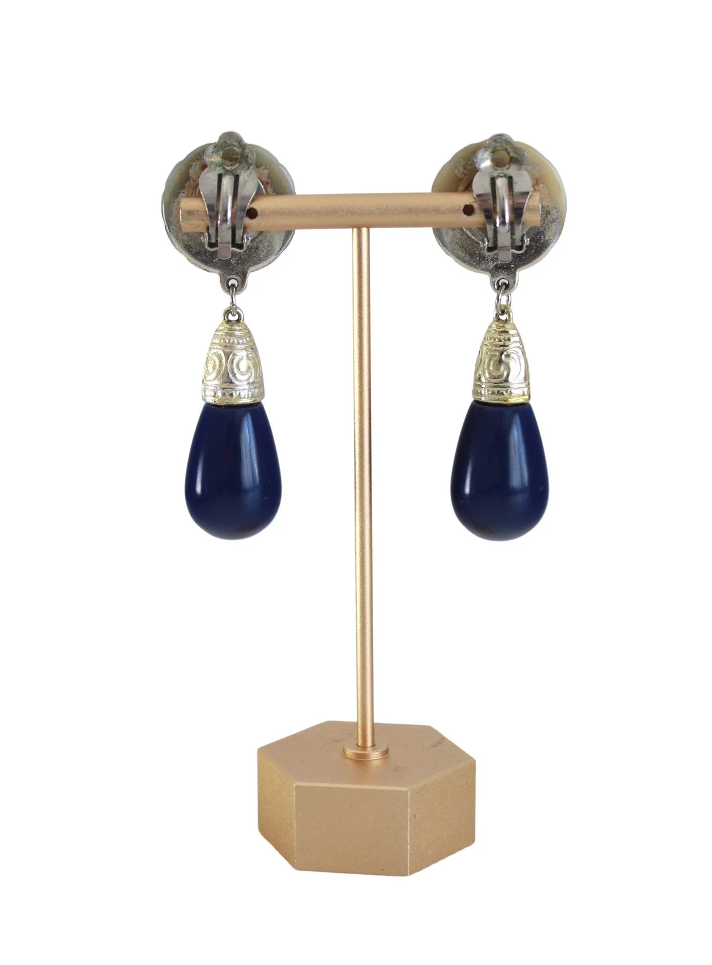 Vintage Navy Blue and Gold Teardrop Dangle Earrings - Image 7