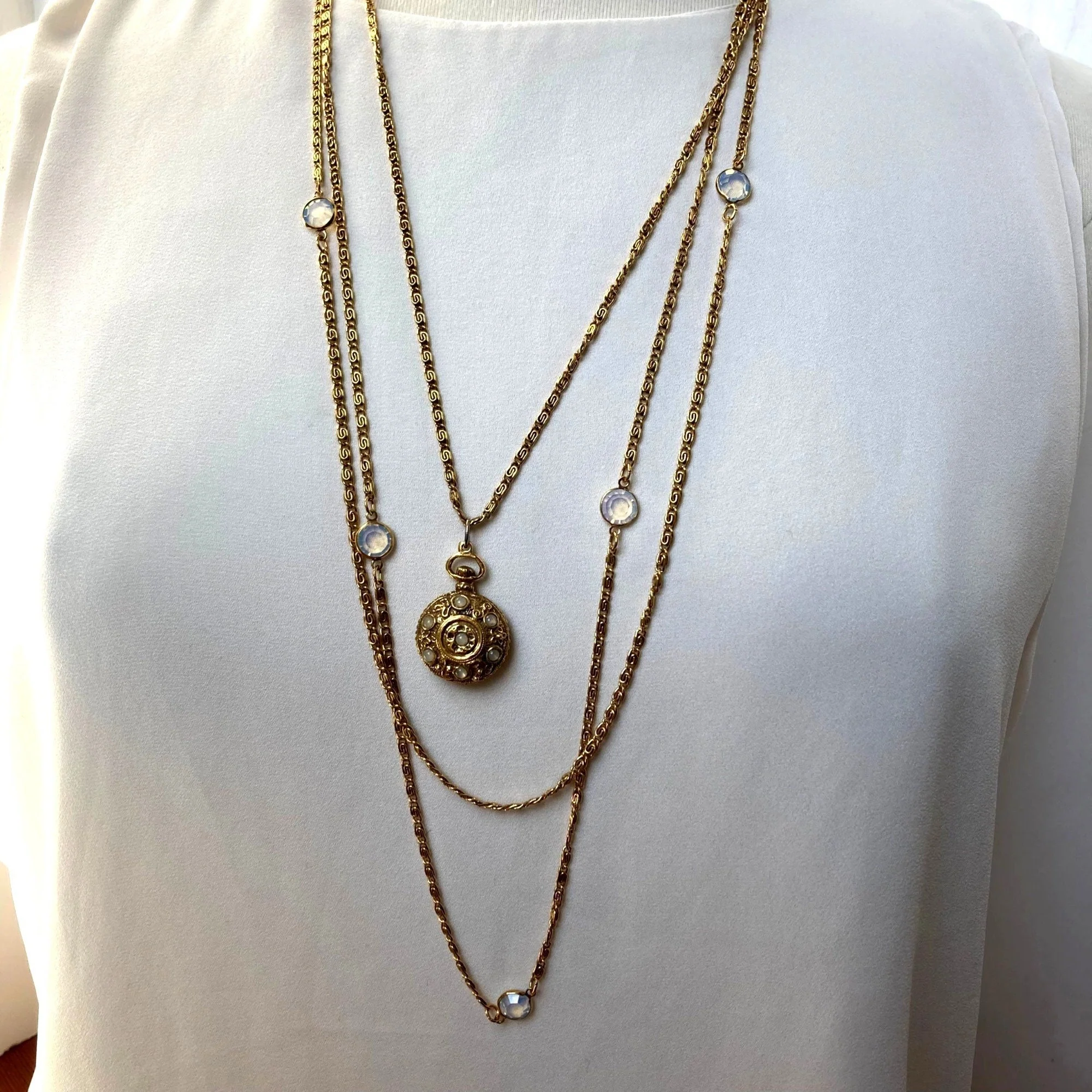 Vintage Necklace 3 Strand Faux Watch Pendant Opalescent Stones by Goldette - Image 2