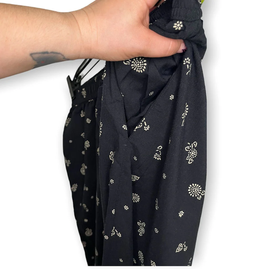 Vintage New York 90s Black Abstract Rayon Floral Drawstring Pants Fall Medium Pockets by DPS - Image 4