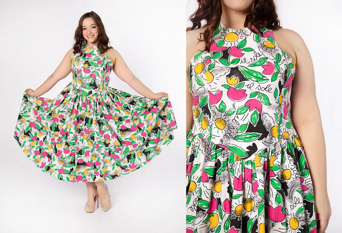 Vintage Novelty Print Halter 80s Floral Hot Pink Flower and Sun Print Cotton 50s Style Fit N Flare Dress Smocked Large Xl by Milanzo - Image 3