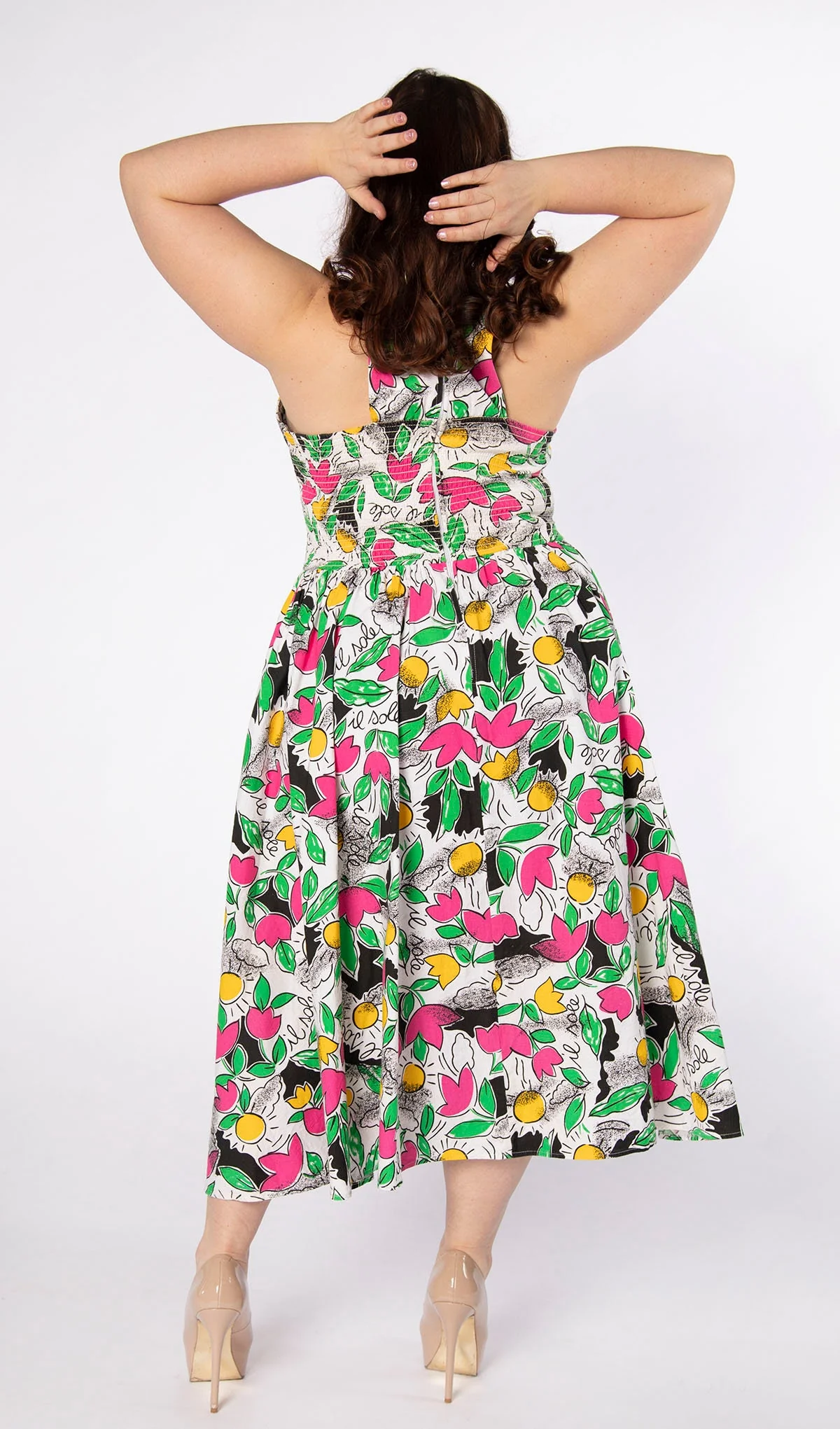 Vintage Novelty Print Halter 80s Floral Hot Pink Flower and Sun Print Cotton 50s Style Fit N Flare Dress Smocked Large Xl by Milanzo - Image 4