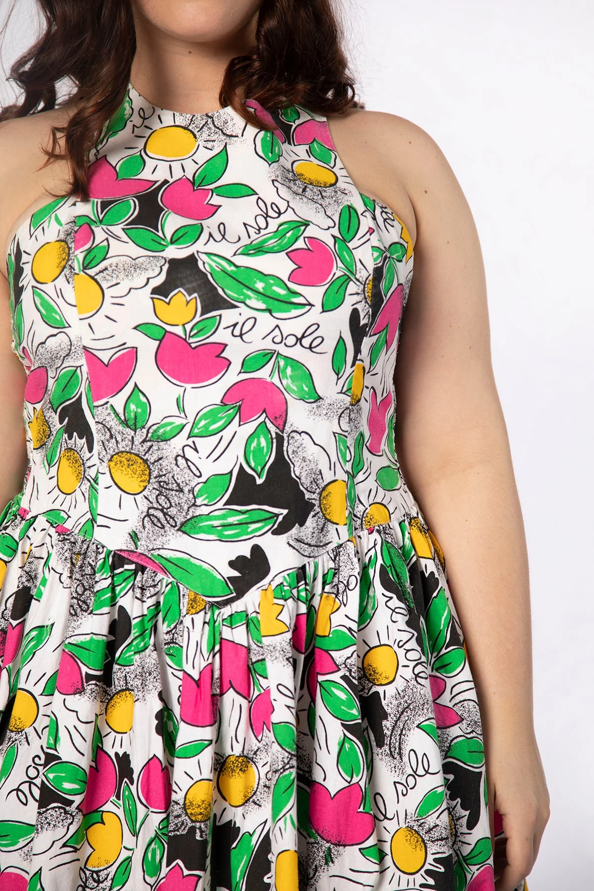 Vintage Novelty Print Halter 80s Floral Hot Pink Flower and Sun Print Cotton 50s Style Fit N Flare Dress Smocked Large Xl by Milanzo - Image 5