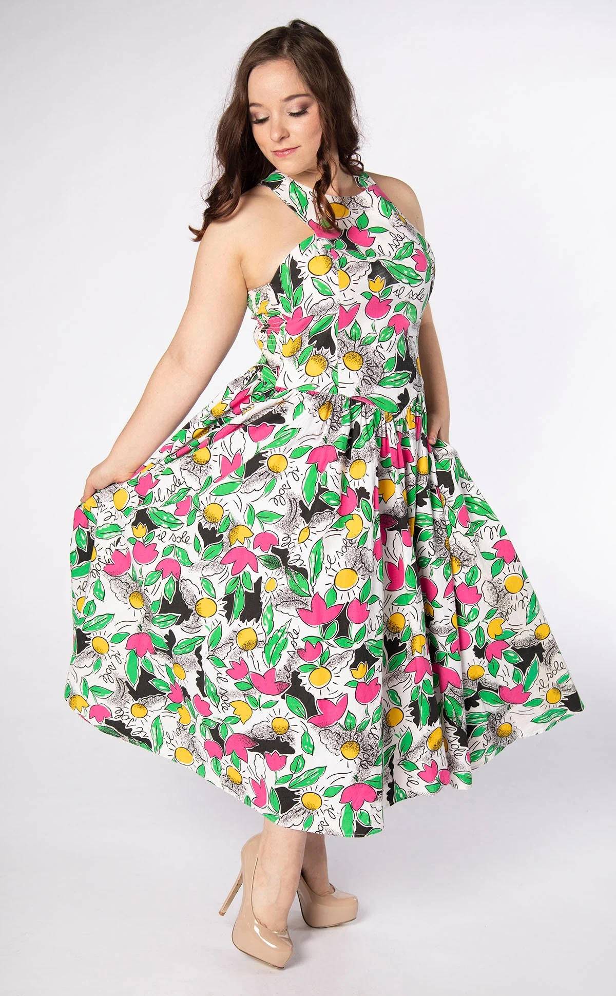 Vintage Novelty Print Halter 80s Floral Hot Pink Flower and Sun Print Cotton 50s Style Fit N Flare Dress Smocked Large Xl by Milanzo - Image 6