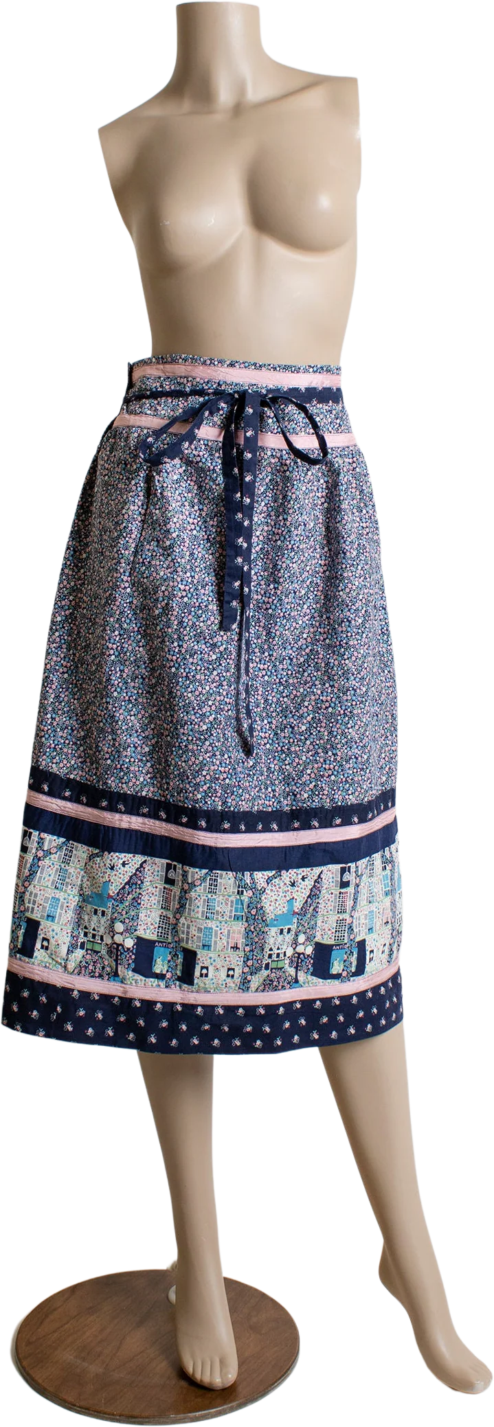 Vintage Novelty Print Wrap Skirt 80s Navy Blue and Pink Ribbon City Street Neighborhood Home Print Cotton Wrap Small Medium by Above The Crowd