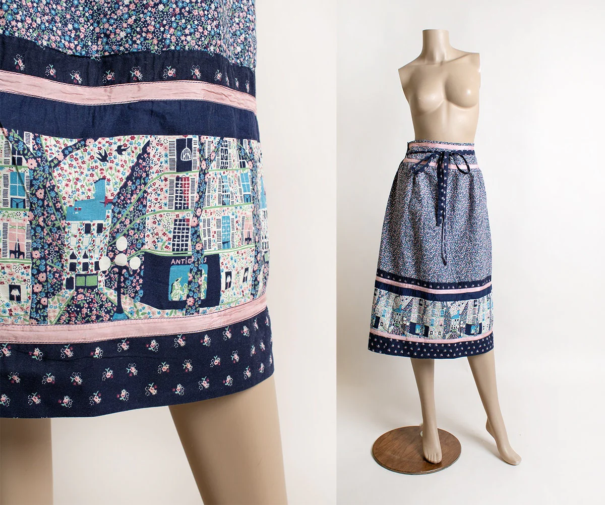 Vintage Novelty Print Wrap Skirt 80s Navy Blue and Pink Ribbon City Street Neighborhood Home Print Cotton Wrap Small Medium by Above The Crowd - Image 3