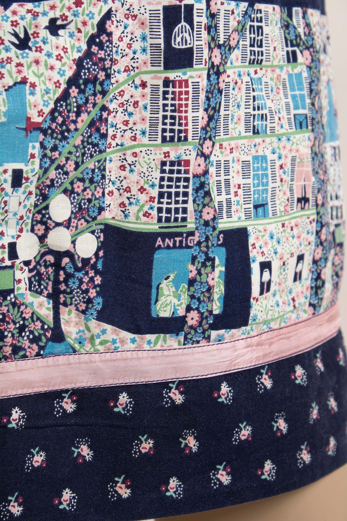 Vintage Novelty Print Wrap Skirt 80s Navy Blue and Pink Ribbon City Street Neighborhood Home Print Cotton Wrap Small Medium by Above The Crowd - Image 7