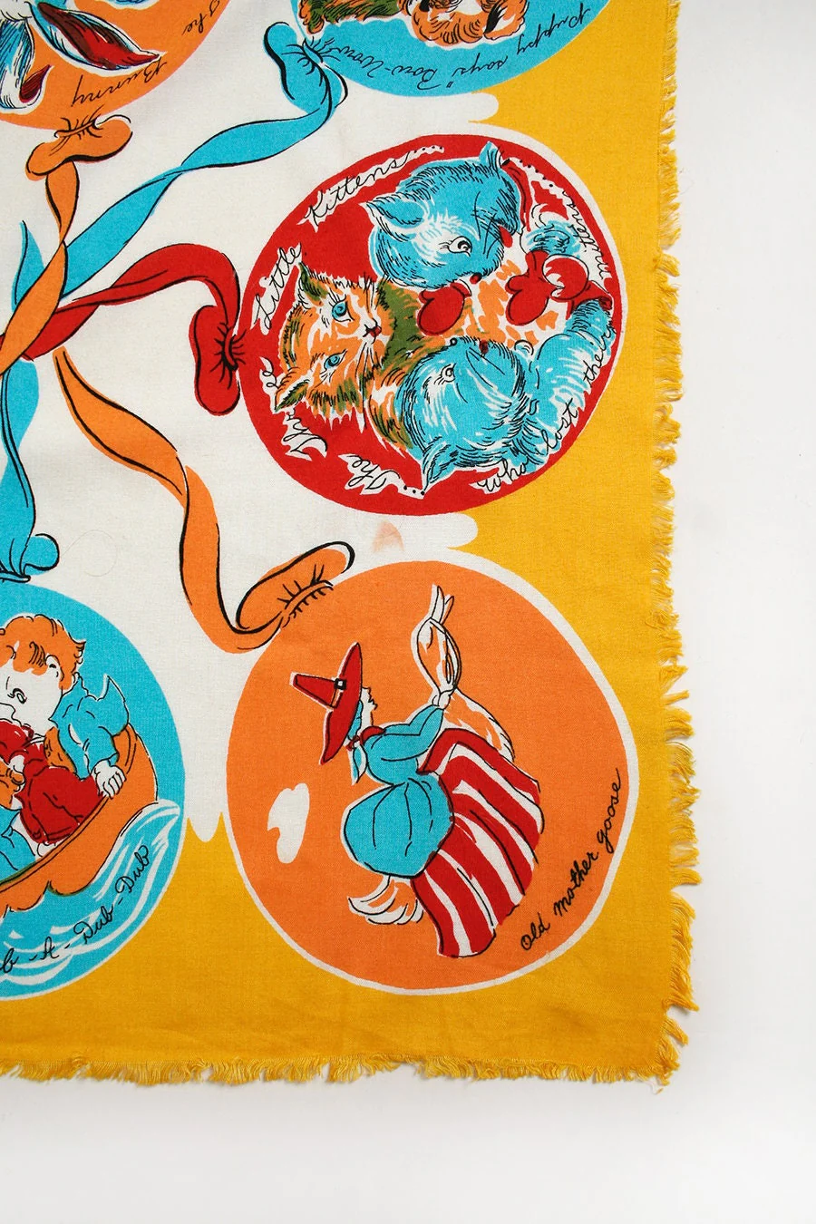 Vintage Nursery Rhyme Novelty Print Scarf Rayon Kitten Puppy Fairytale Print Balloon Ribbon - Image 2