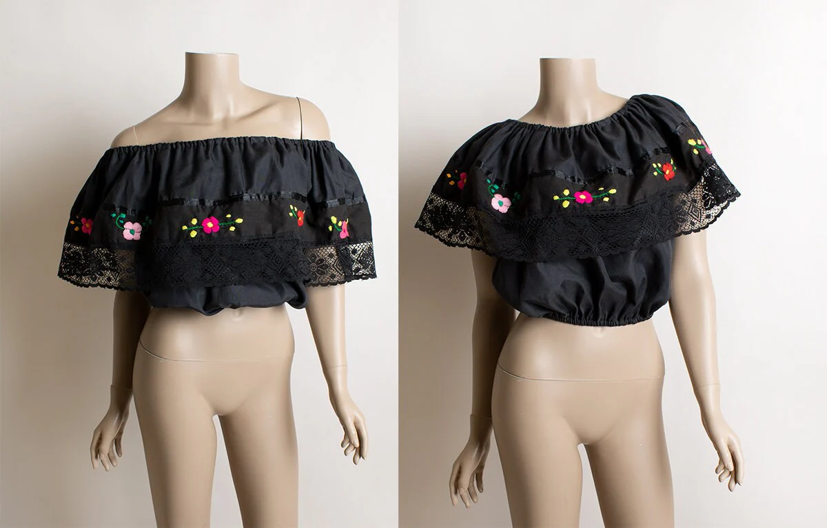 Vintage Off The Shoulder Floral Embroidered Blouse Top Black Dark Floral Lace Trim - Image 4
