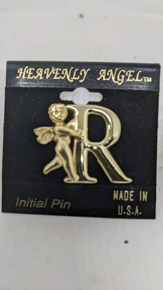 Vintage Oldstock Goldtone Guardian Angel Plated R Initial Pin by Heavenly Angel - Image 2