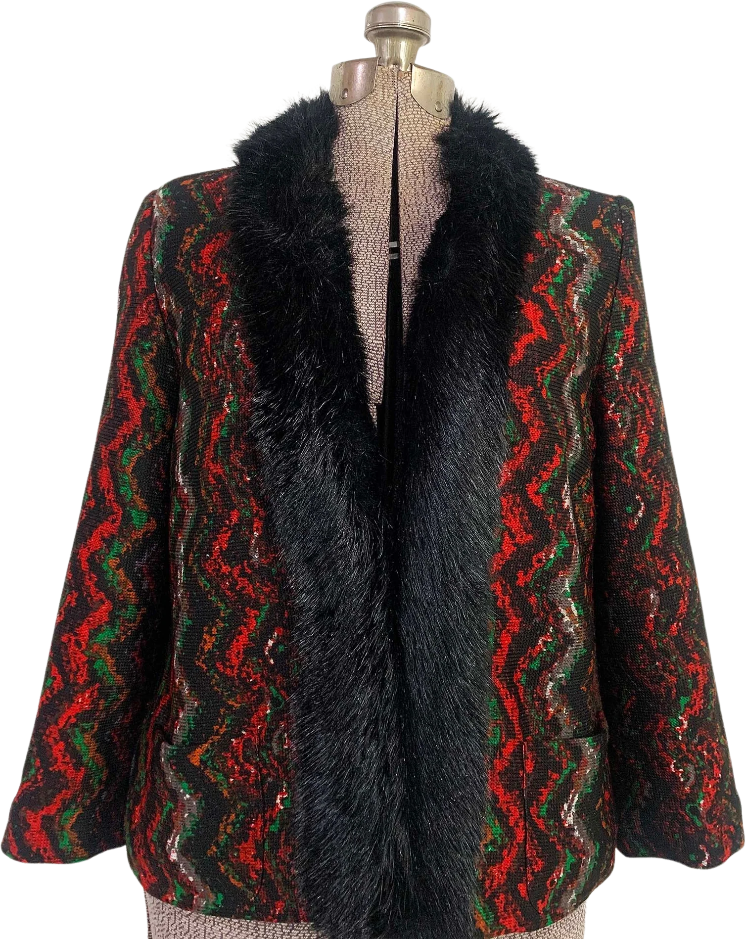 Vintage Open Front Cardigan Blazer Jacket Black Red Green Long Sleeve Faux Fur Trim Missoni Style Zig Zag Large Xl 90s by Alberto Makali
