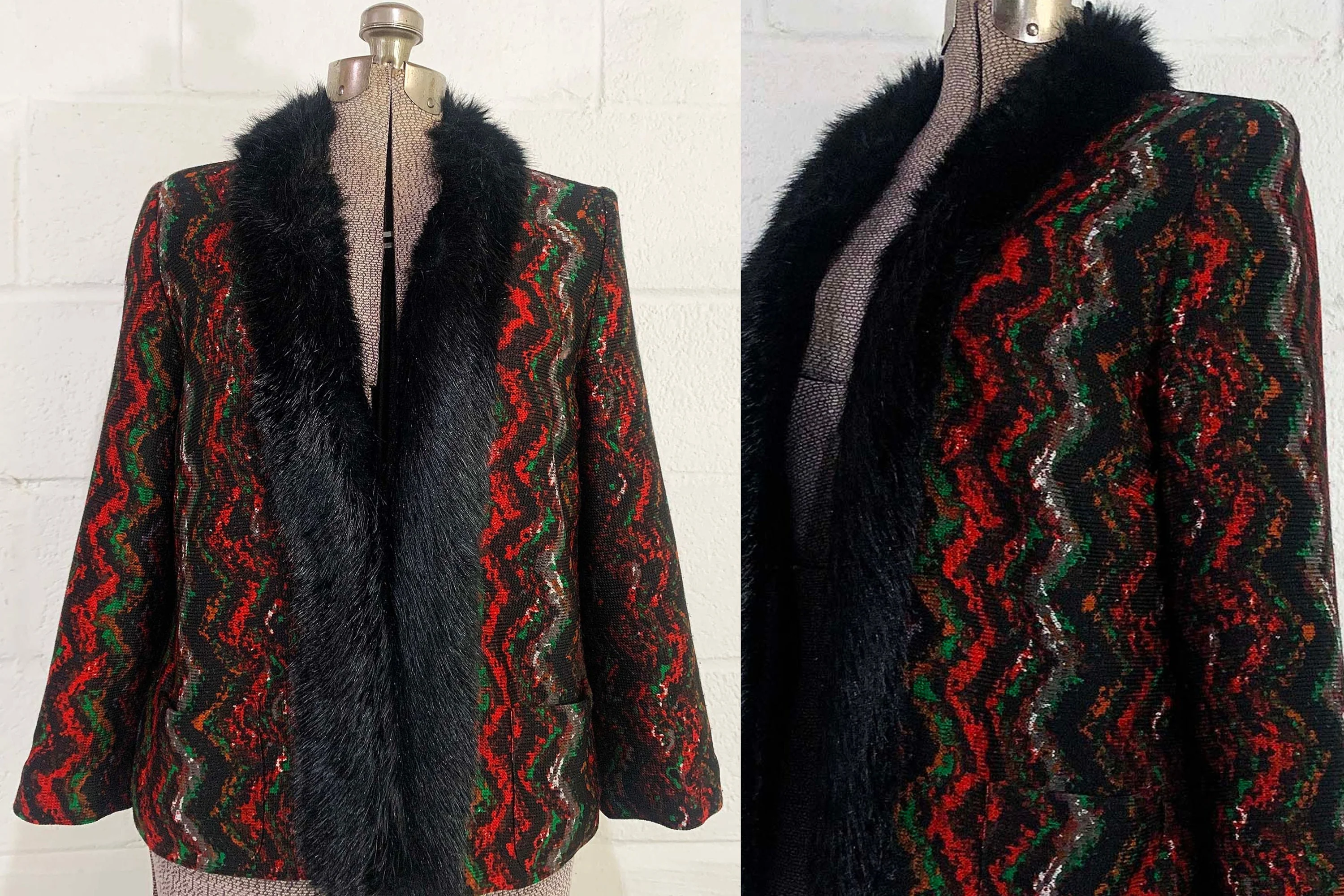 Vintage Open Front Cardigan Blazer Jacket Black Red Green Long Sleeve Faux Fur Trim Missoni Style Zig Zag Large Xl 90s by Alberto Makali - Image 3