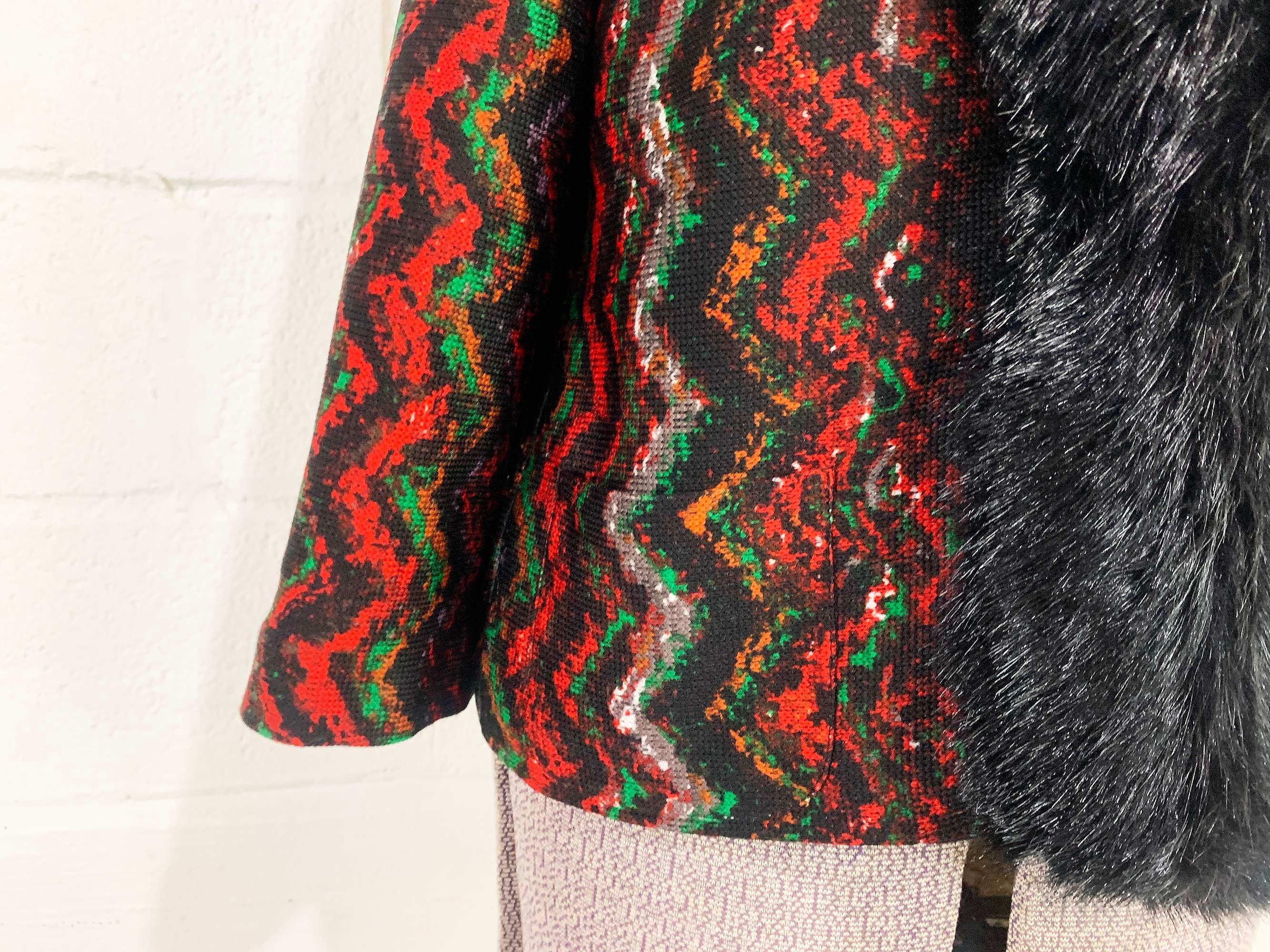 Vintage Open Front Cardigan Blazer Jacket Black Red Green Long Sleeve Faux Fur Trim Missoni Style Zig Zag Large Xl 90s by Alberto Makali - Image 4