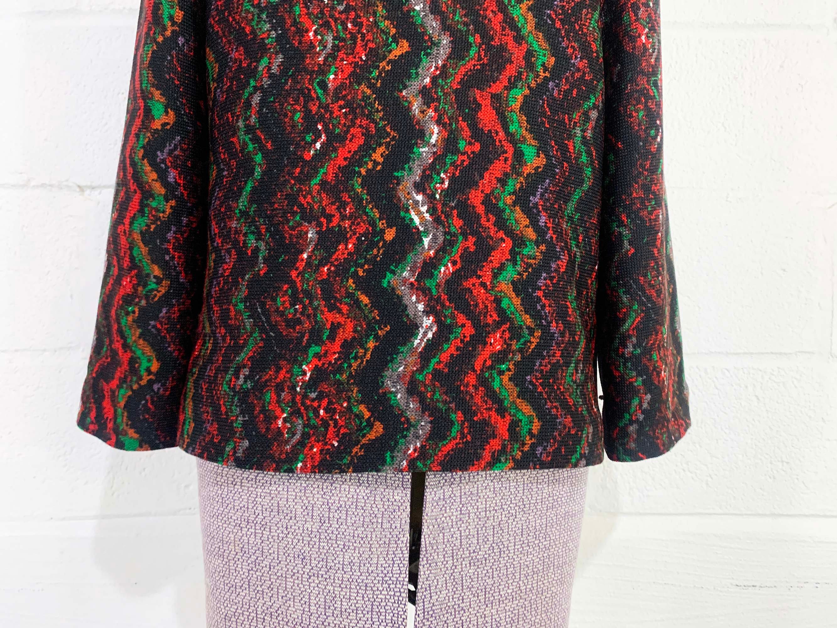 Vintage Open Front Cardigan Blazer Jacket Black Red Green Long Sleeve Faux Fur Trim Missoni Style Zig Zag Large Xl 90s by Alberto Makali - Image 6