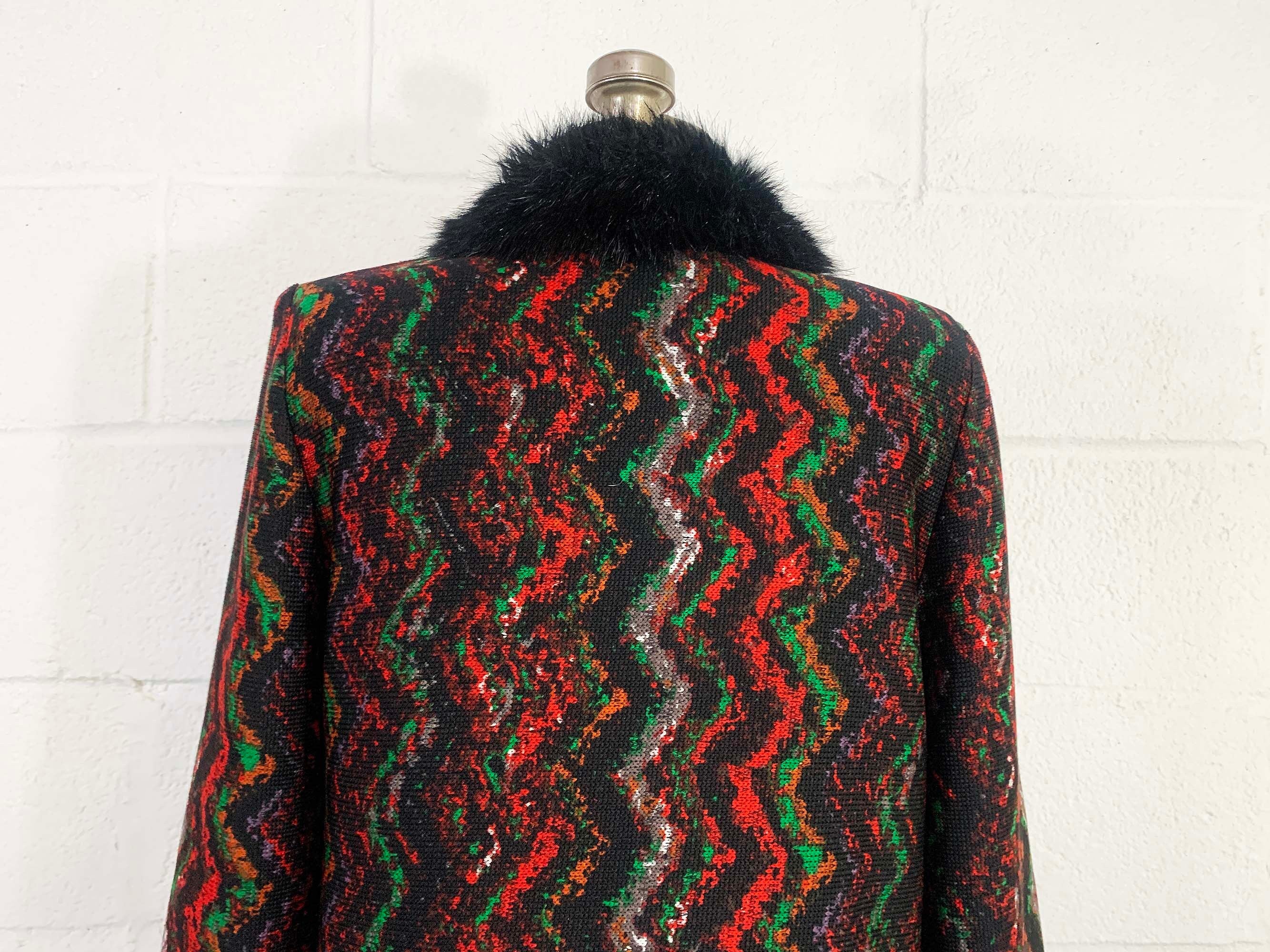 Vintage Open Front Cardigan Blazer Jacket Black Red Green Long Sleeve Faux Fur Trim Missoni Style Zig Zag Large Xl 90s by Alberto Makali - Image 7