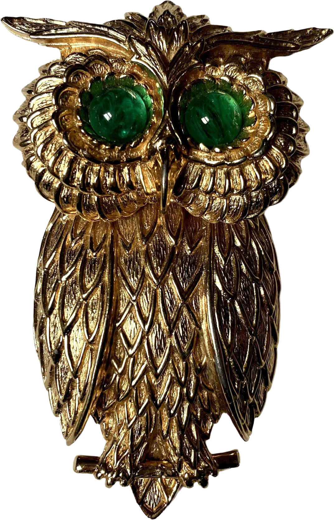 Vintage Owl Pendant Brooch Signed 3. 5 In Gold Tone Green Cabochon Eyes by Ciner