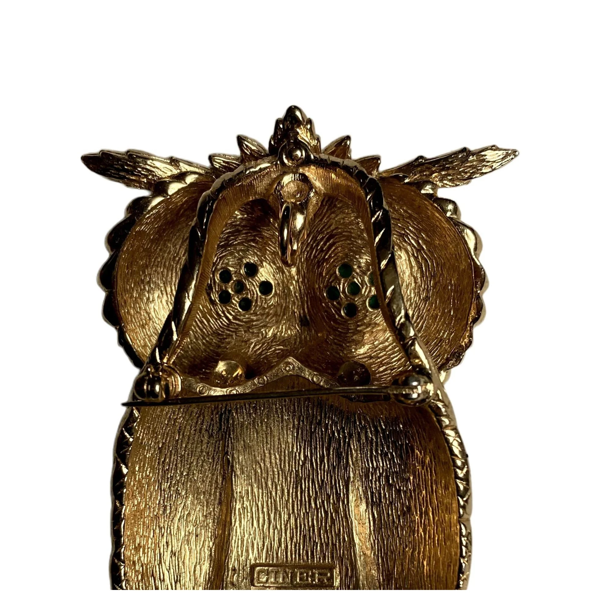 Vintage Owl Pendant Brooch Signed 3. 5 In Gold Tone Green Cabochon Eyes by Ciner - Image 10