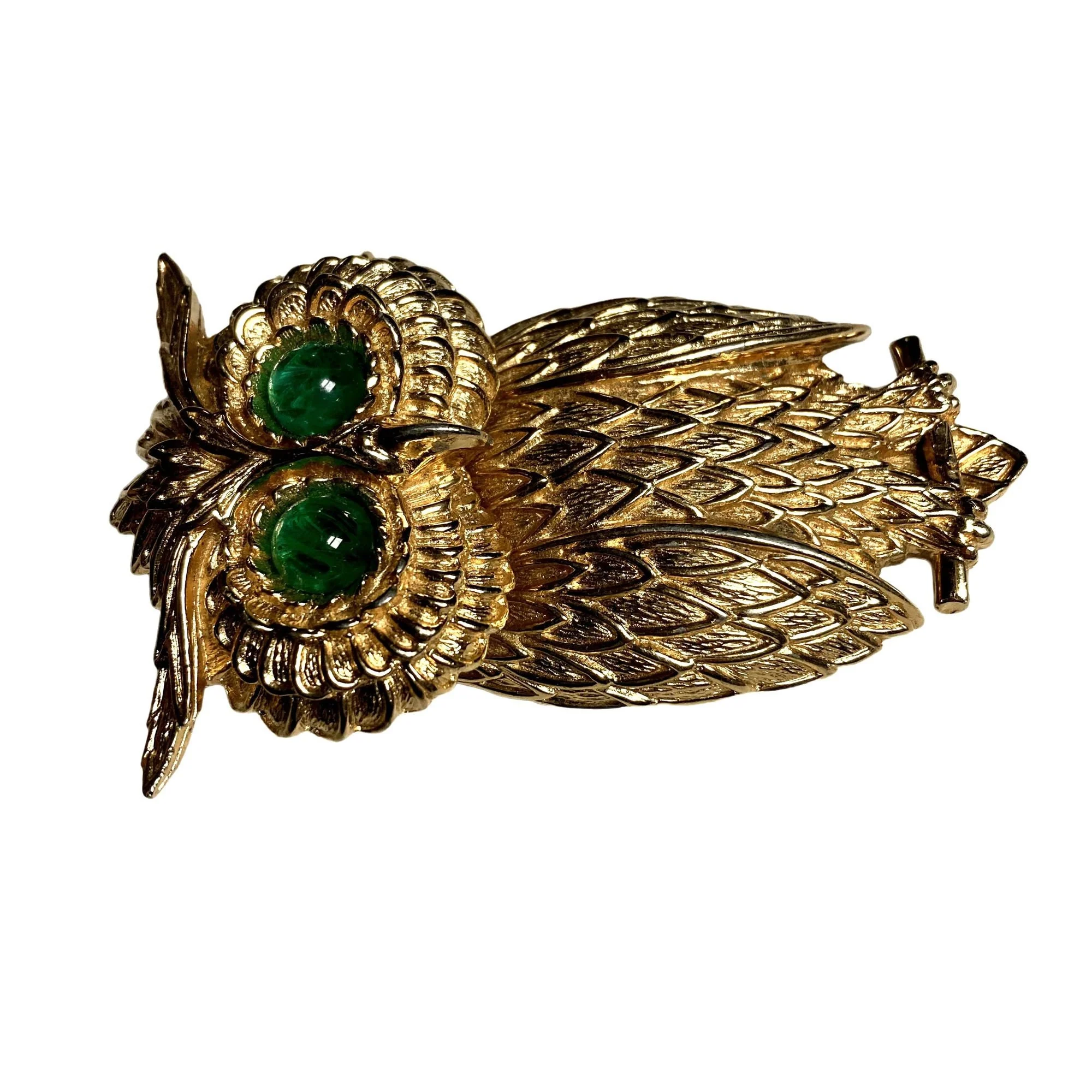 Vintage Owl Pendant Brooch Signed 3. 5 In Gold Tone Green Cabochon Eyes by Ciner - Image 2
