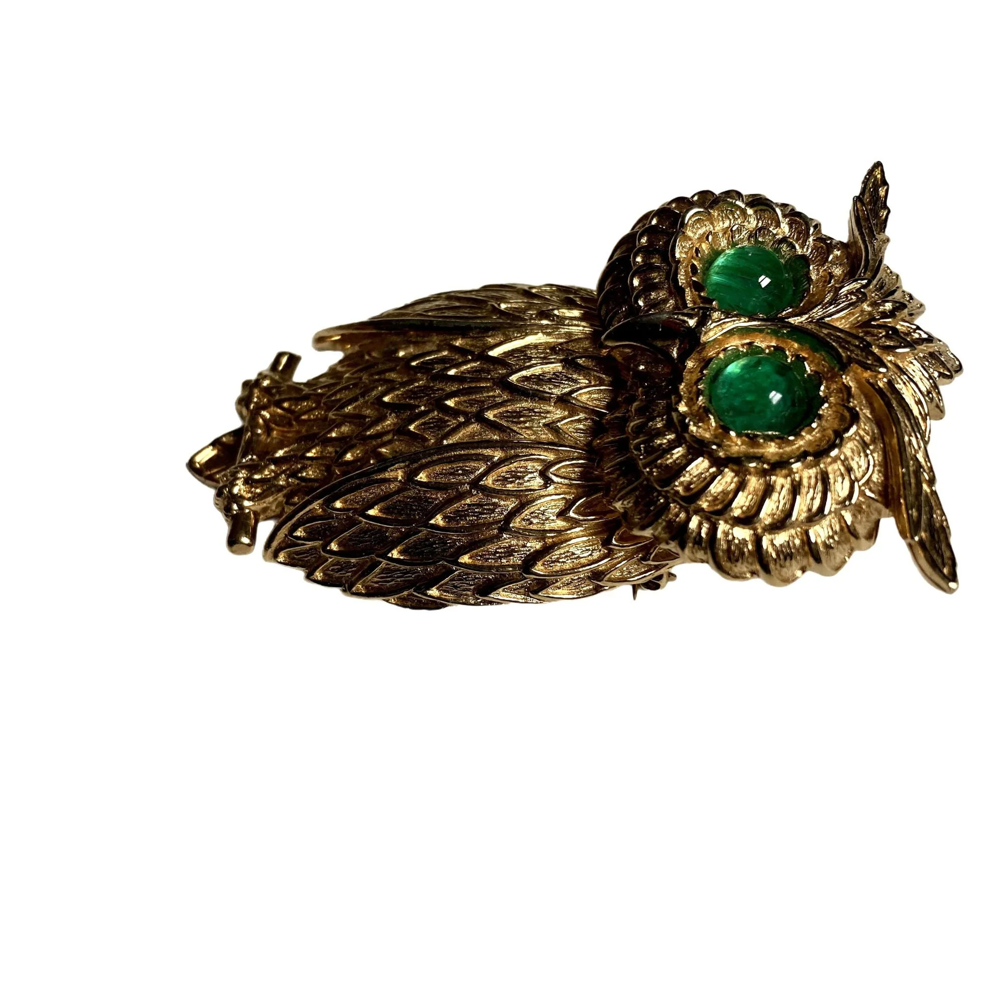 Vintage Owl Pendant Brooch Signed 3. 5 In Gold Tone Green Cabochon Eyes by Ciner - Image 3