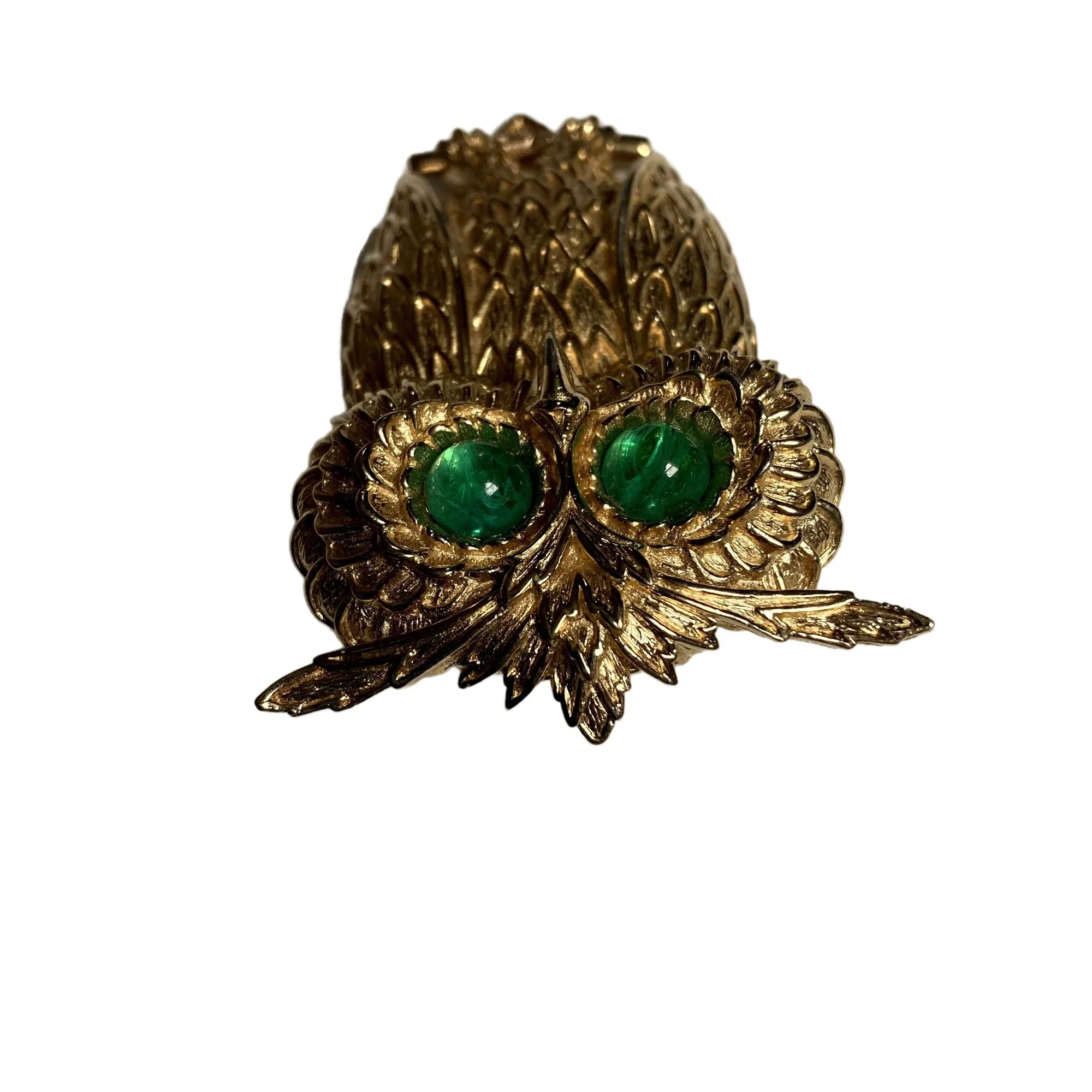 Vintage Owl Pendant Brooch Signed 3. 5 In Gold Tone Green Cabochon Eyes by Ciner - Image 4