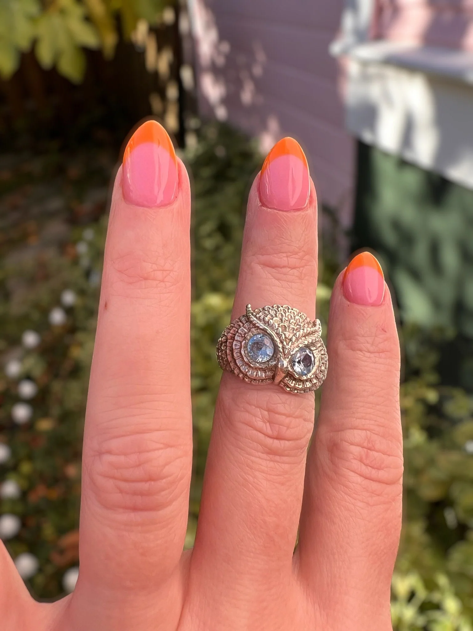 Vintage Owl Ring 70s Sterling Silver Aquamarine - Image 3
