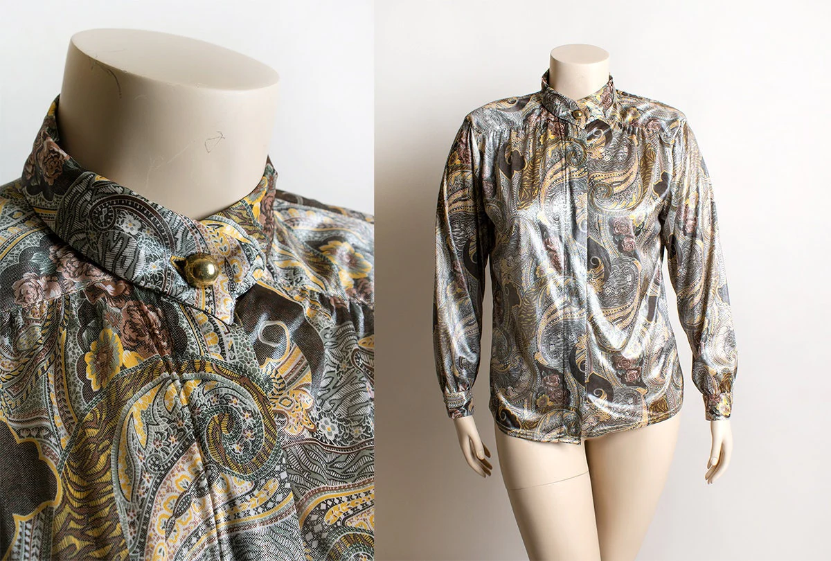 Vintage Paisley Print Blouse Shiny Shimmery Liquid Wet Look 90s Paisley and Rose Print Button Up Secretary Style Large Xl by Shara - Image 3