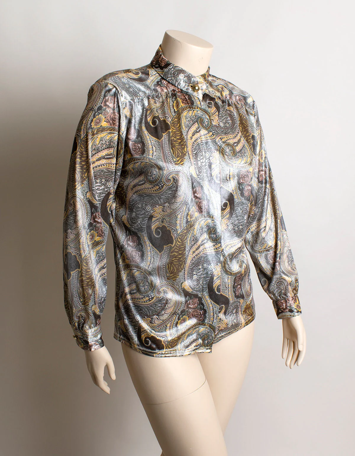 Vintage Paisley Print Blouse Shiny Shimmery Liquid Wet Look 90s Paisley and Rose Print Button Up Secretary Style Large Xl by Shara - Image 4