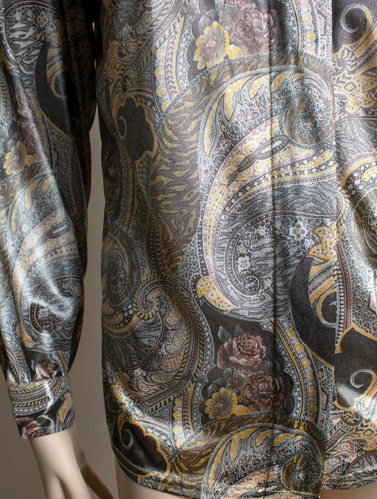 Vintage Paisley Print Blouse Shiny Shimmery Liquid Wet Look 90s Paisley and Rose Print Button Up Secretary Style Large Xl by Shara - Image 6