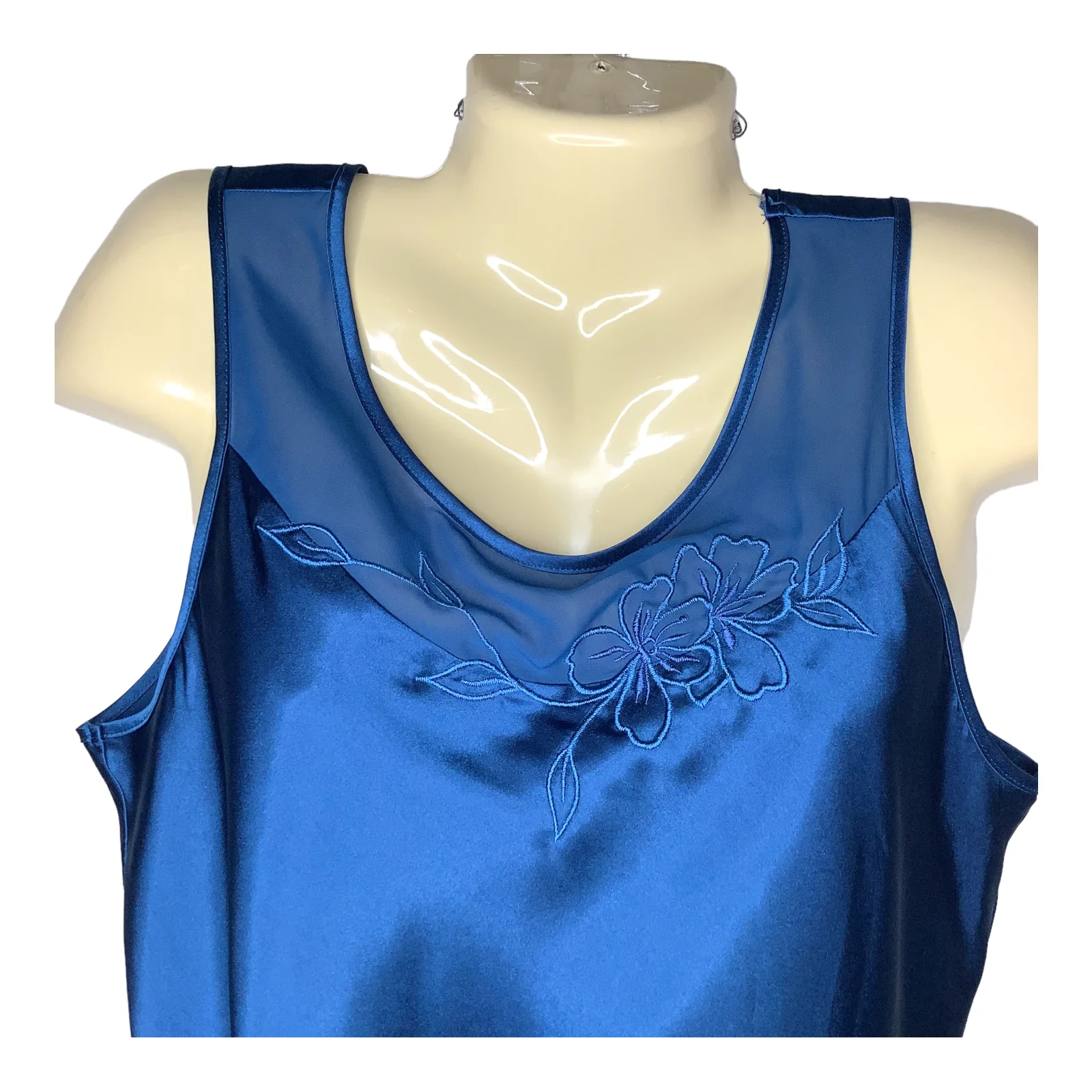 Vintage Pajama Set 90s Medium Blue Silky Satin Floral Mesh Trim Sleeveless Top M - Image 5