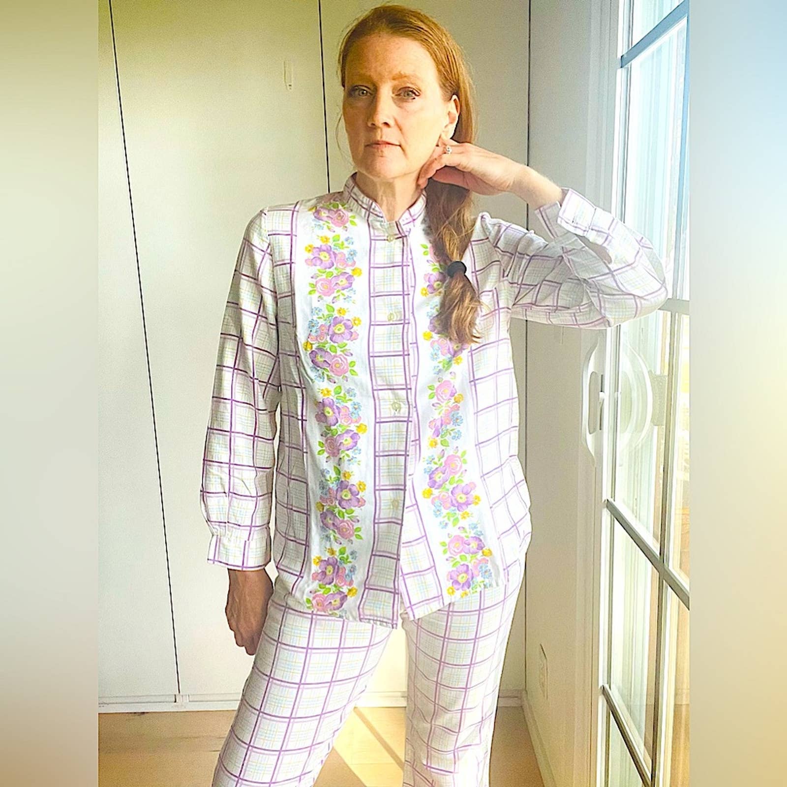Vintage Pajama Set Floral Print Purple Whitefit Cotton Retro Style Print Loungewear Two Piece Set - Image 3