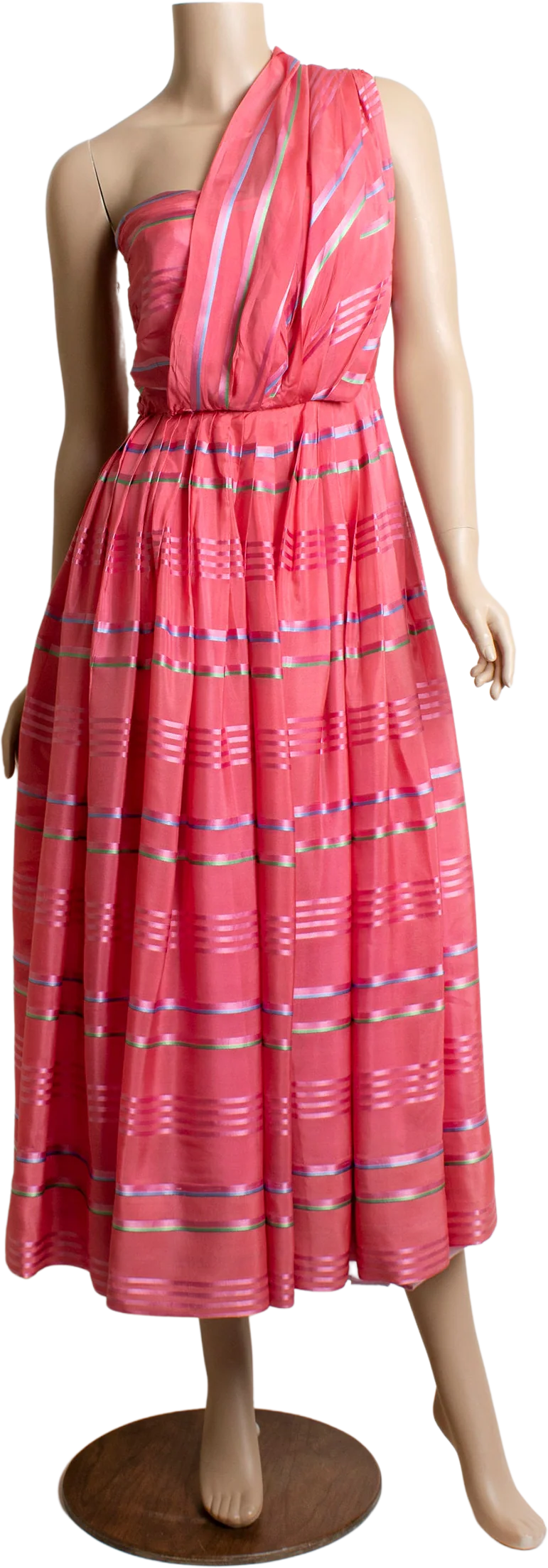 Vintage Party Bright Pink Striped Strapless 50s Midi Cocktail Dress with Front Sash Small