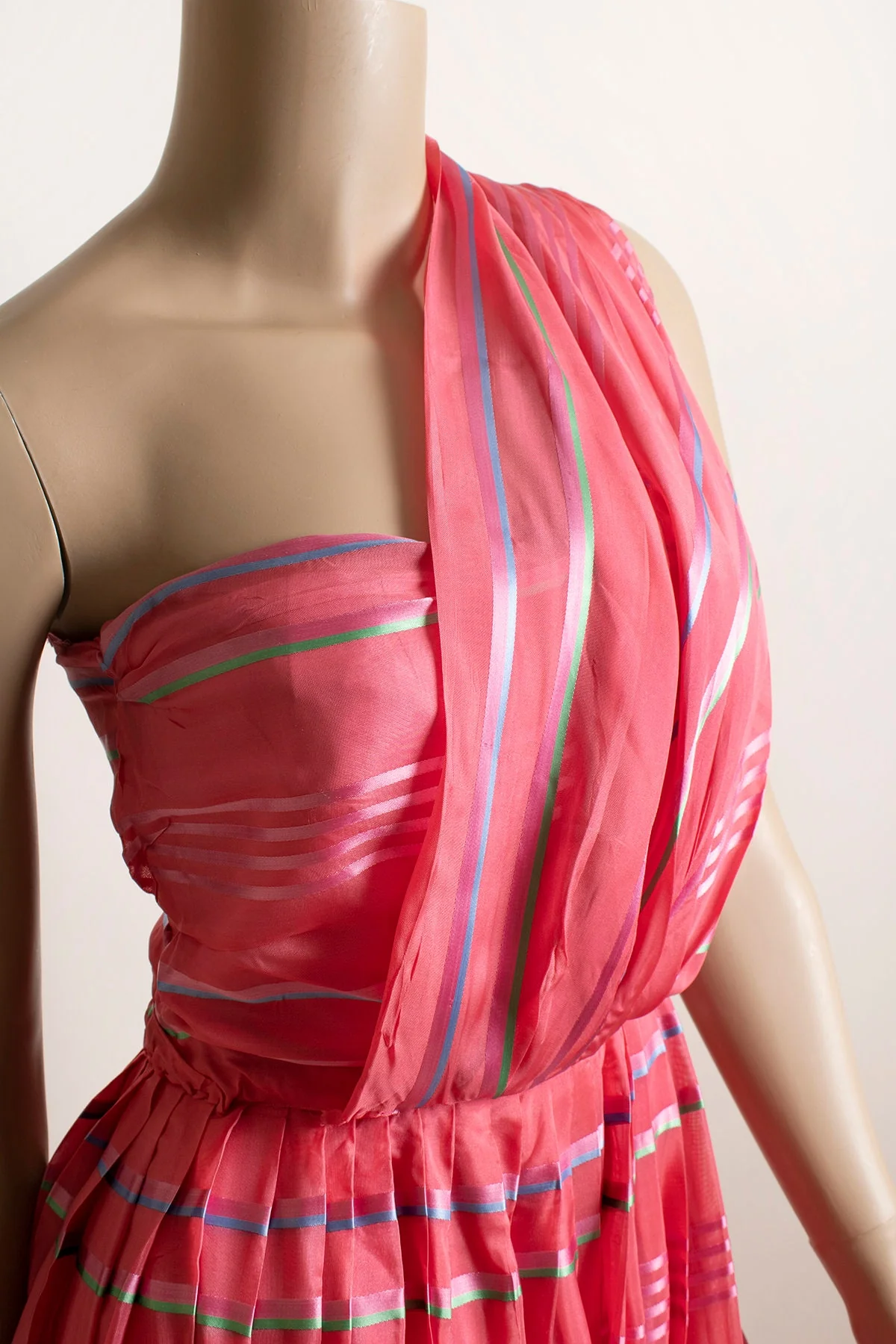 Vintage Party Bright Pink Striped Strapless 50s Midi Cocktail Dress with Front Sash Small - Image 5