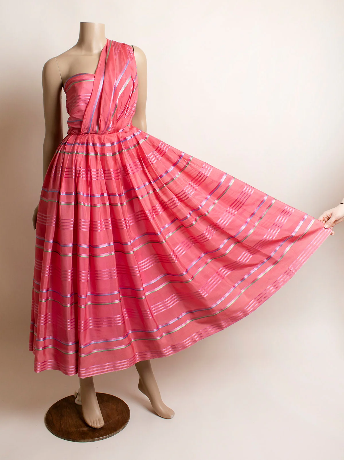 Vintage Party Bright Pink Striped Strapless 50s Midi Cocktail Dress with Front Sash Small - Image 7