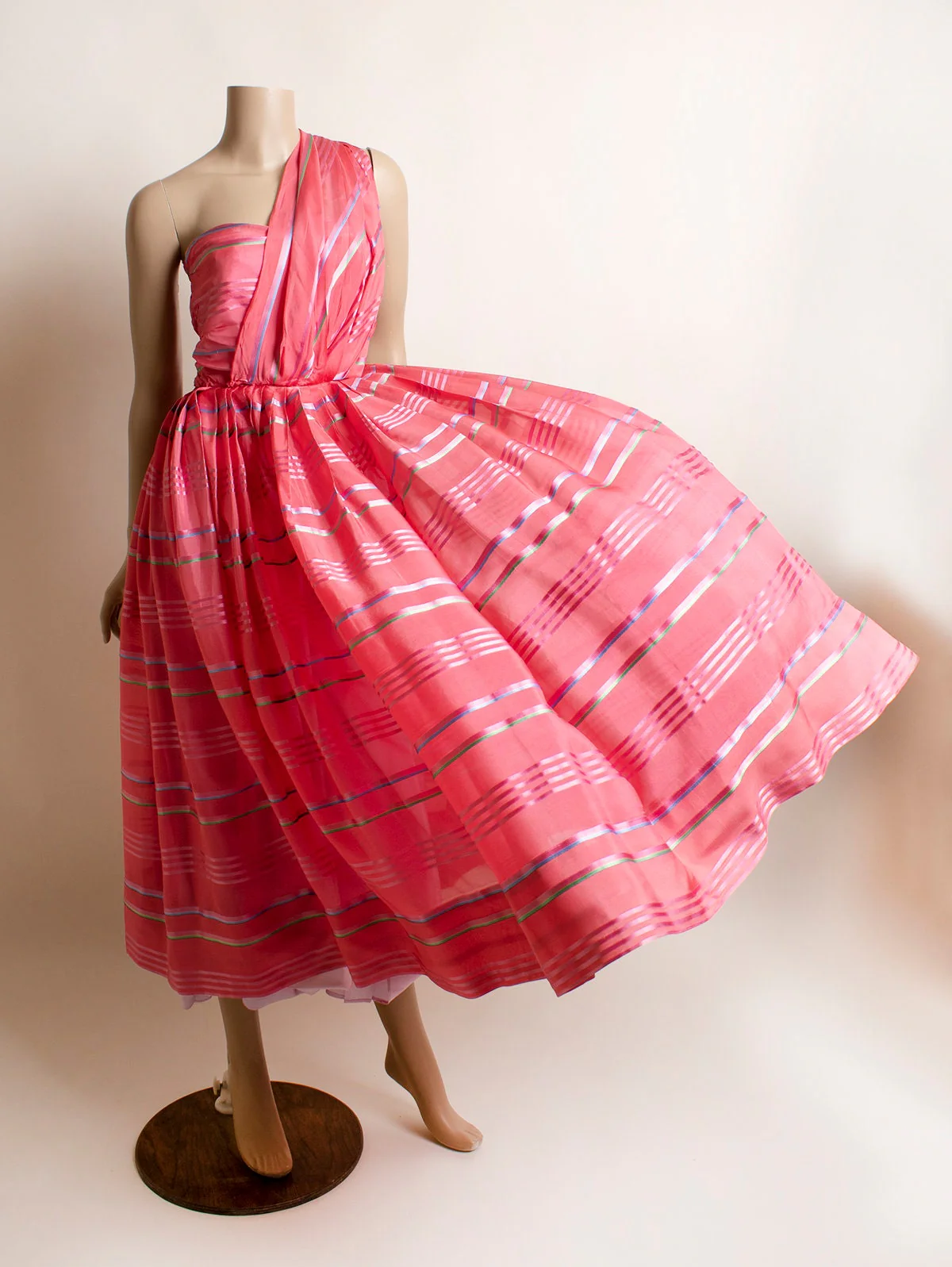 Vintage Party Bright Pink Striped Strapless 50s Midi Cocktail Dress with Front Sash Small - Image 8