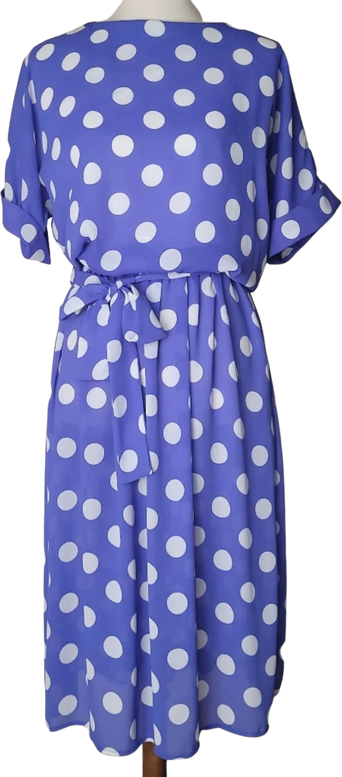Vintage Periwinkle and White Large Polka Dot Short-Sleeved Belted Dress - M by Raoul
