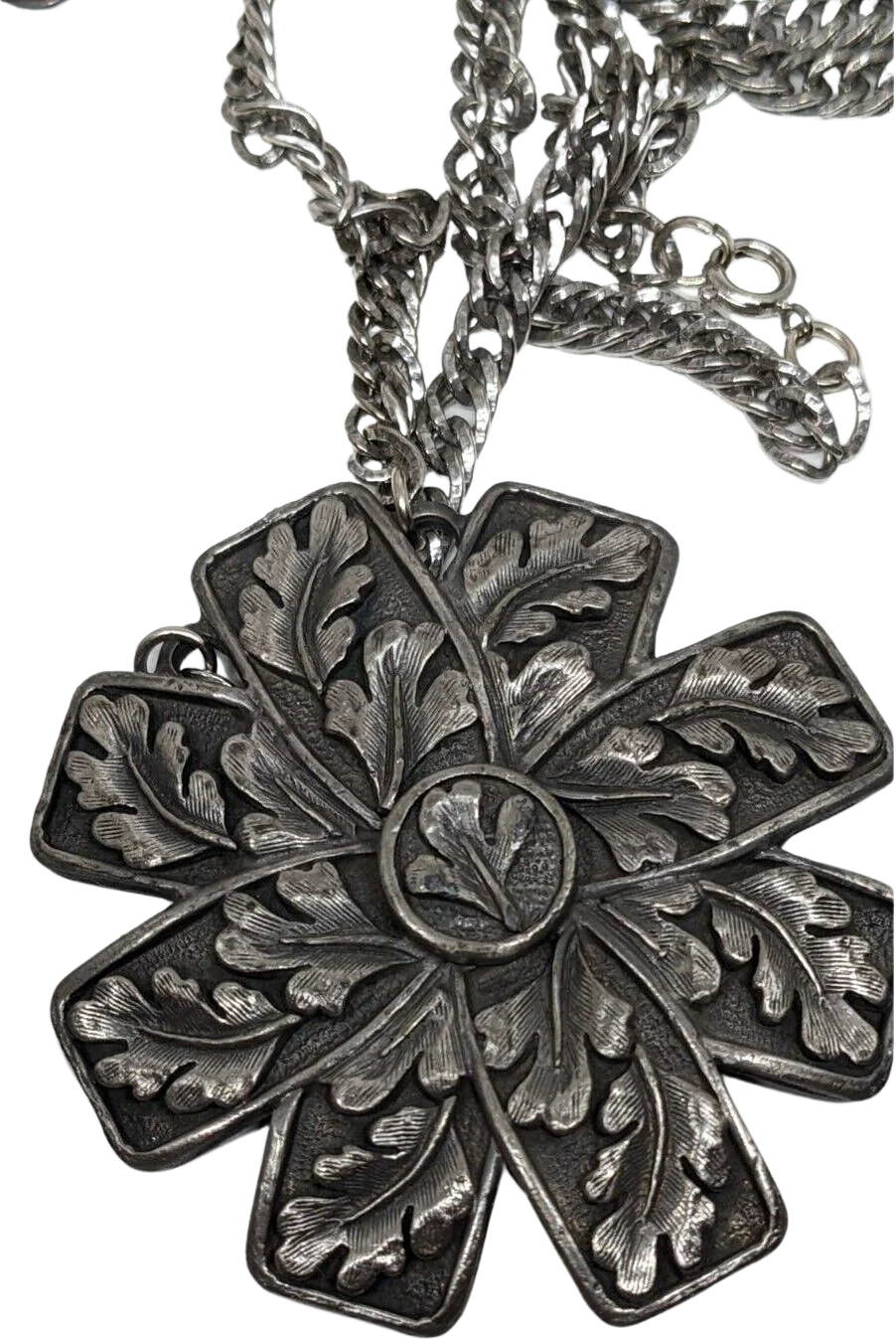 Vintage Pewter Floral Pendant with Chain Chunky Medallion Necklace 60 by Florenza