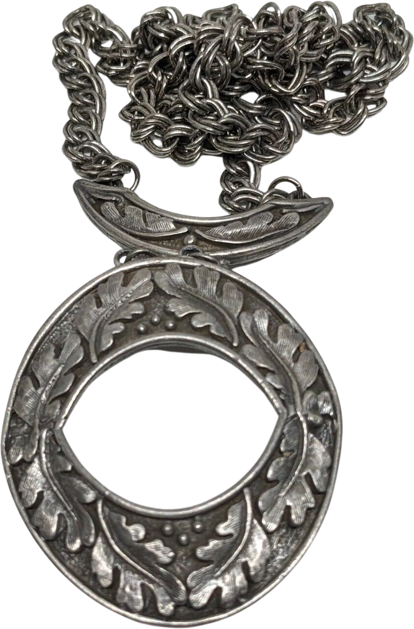 Vintage Pewter Oval Pendant Chain Chunky Nordic Vibe Necklace 60s by Florenza