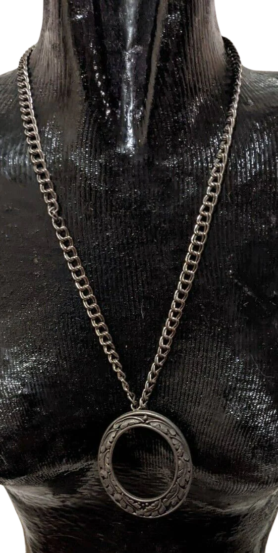 Vintage Pewter Oval Pendant with Chain Chunky Medallion Necklace 60s by Florenza