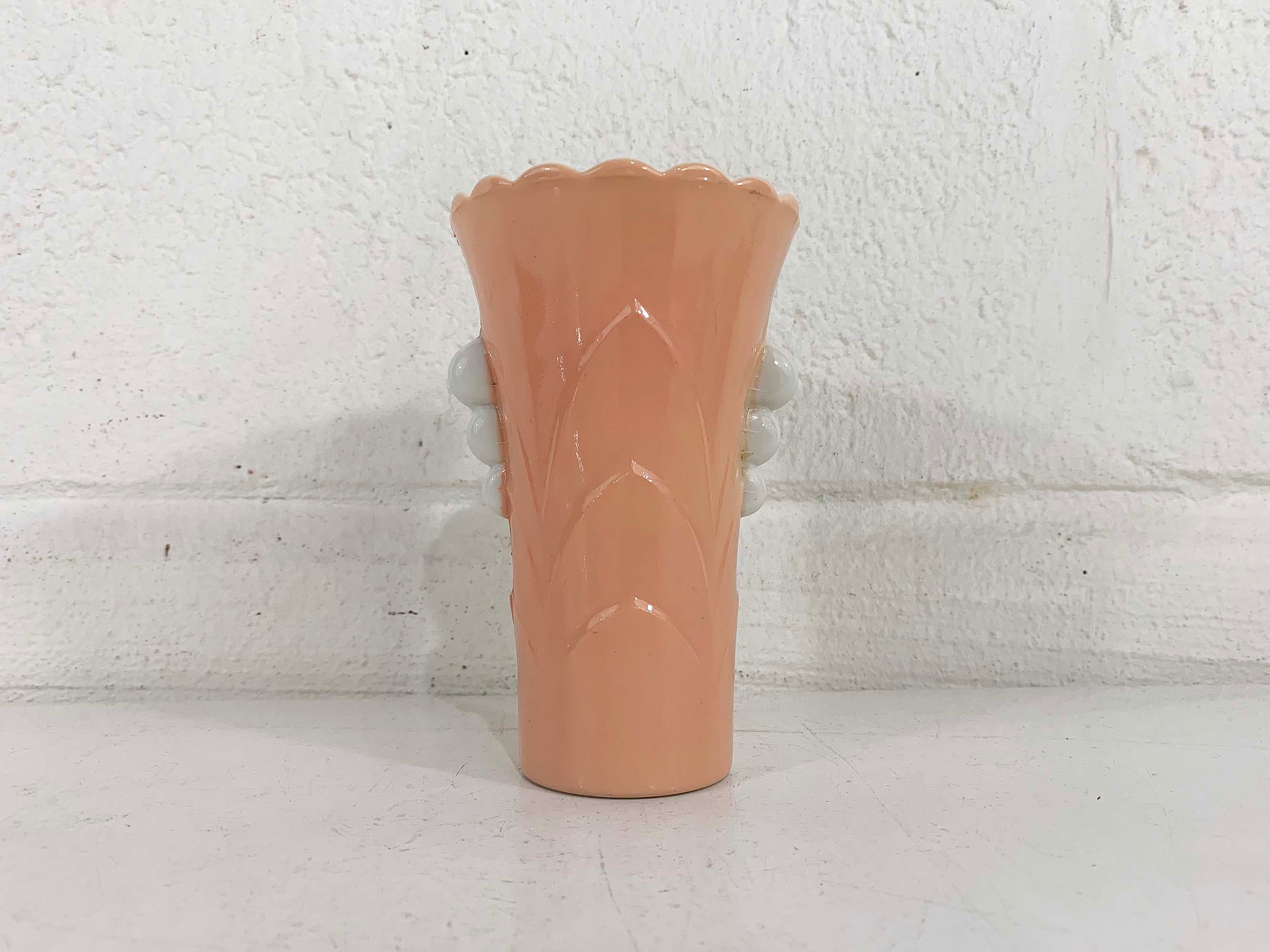 Vintage Pink Art Deco Vase Fire King Vitrock Milk Glass Flower Pot Peach White Rose Mid-Century Scalloped Rim Planter Mcm 50s - Image 2