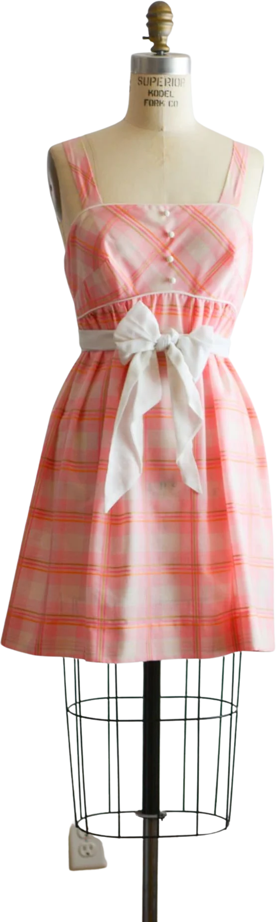 Vintage Plaid Dress Pink Baby Doll 70s Size Small Adjustable Waist Strap