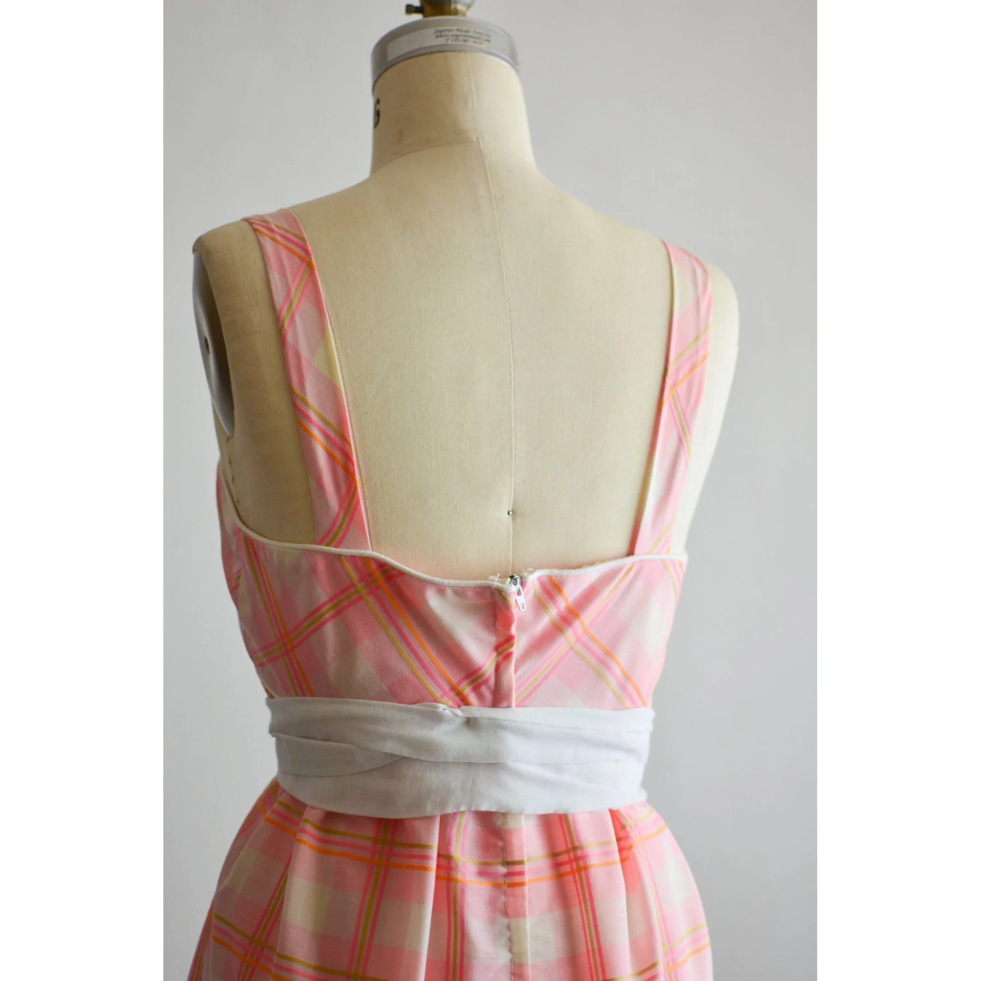 Vintage Plaid Dress Pink Baby Doll 70s Size Small Adjustable Waist Strap - Image 4